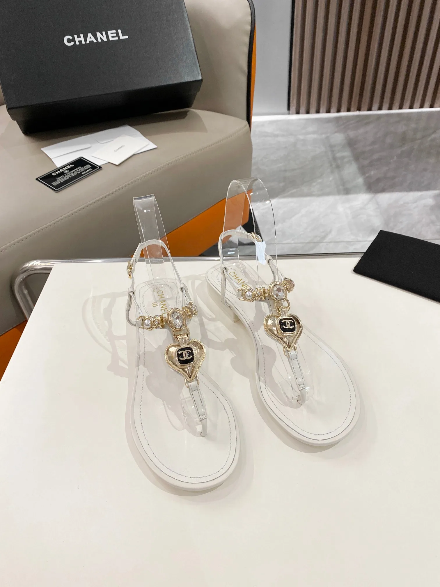 Chanel Crystal Low Heels Flip Flops White - Image 9