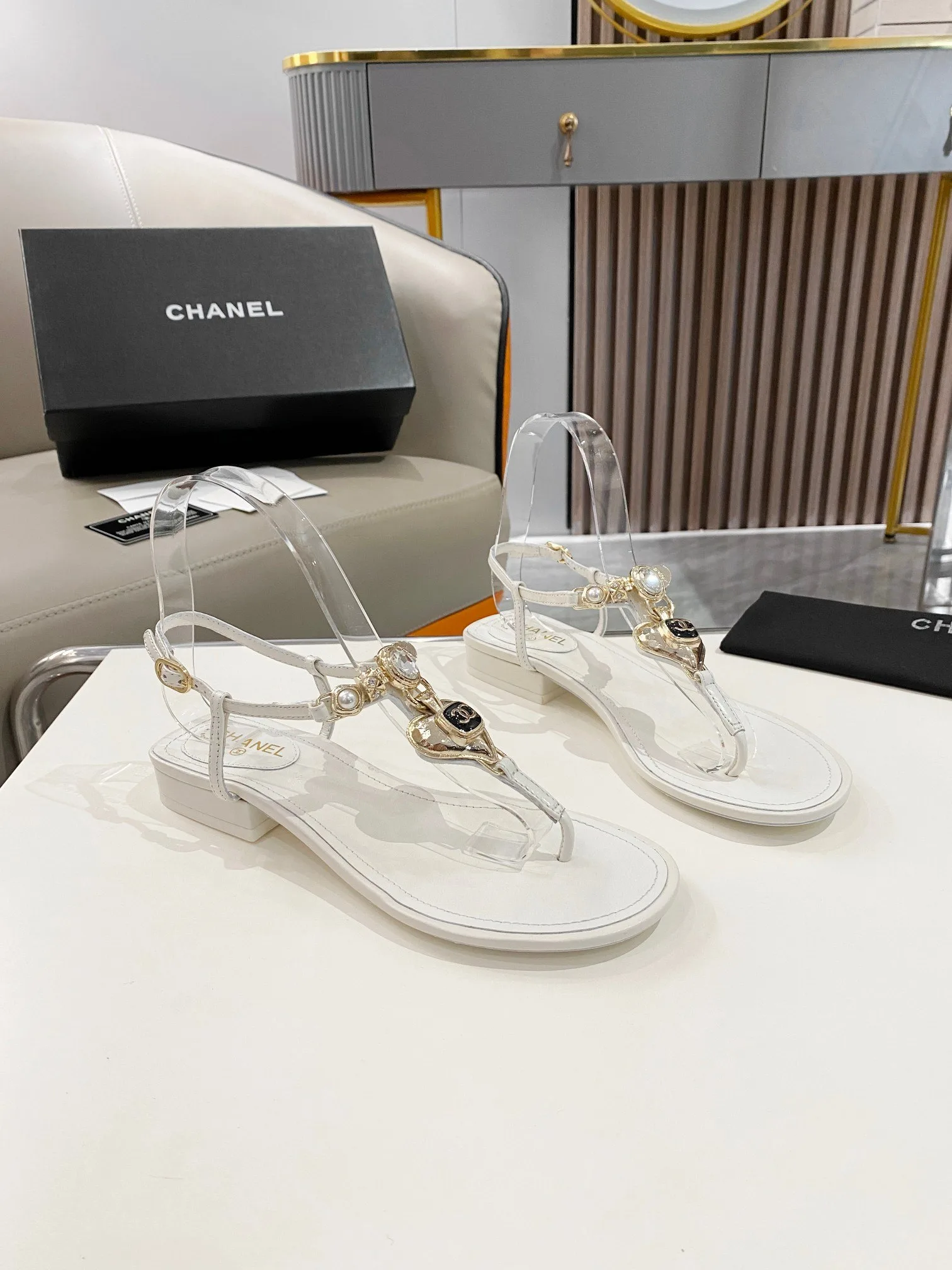Chanel Crystal Low Heels Flip Flops White - Image 8