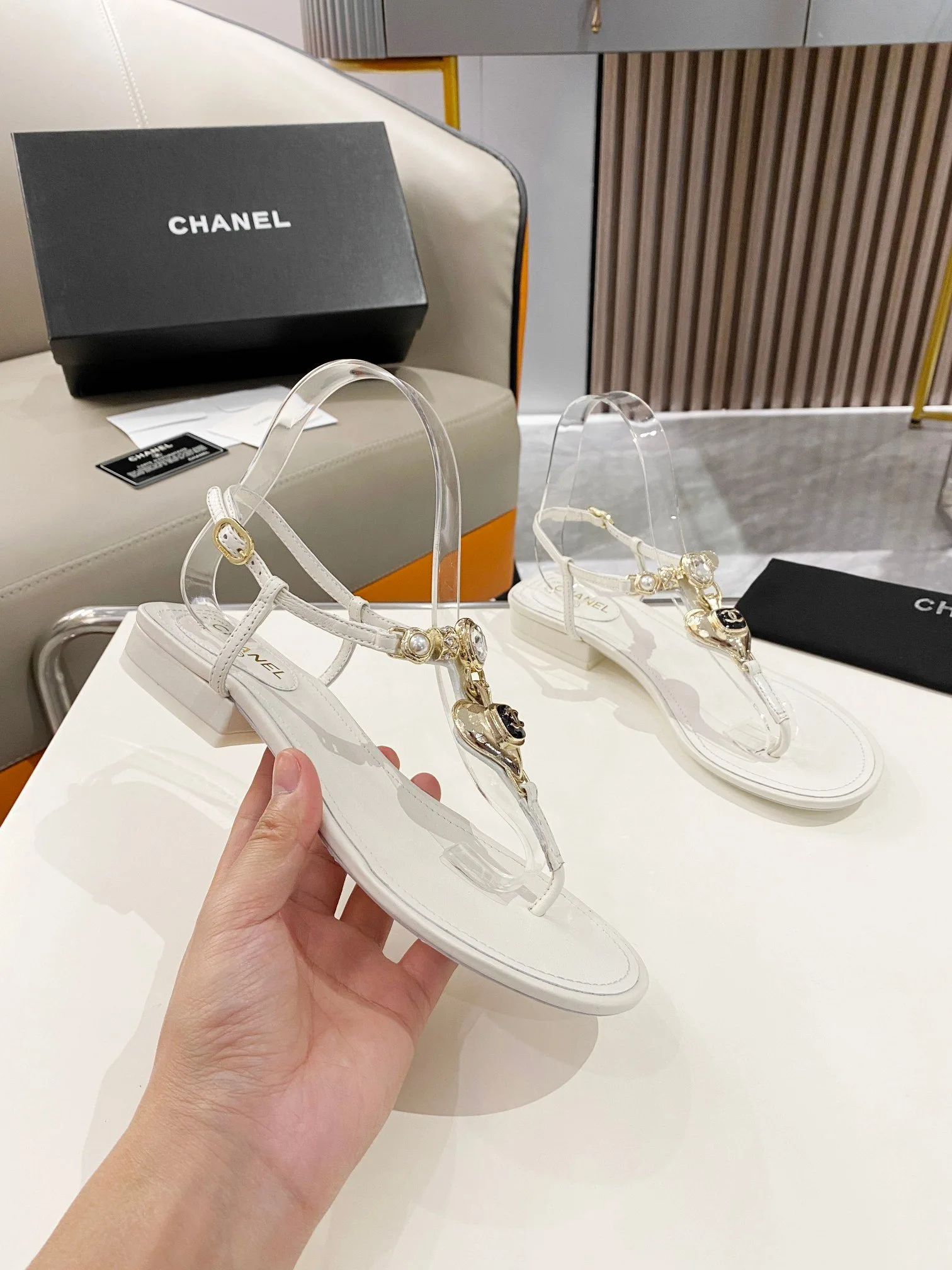 Chanel Crystal Low Heels Flip Flops White - Image 7