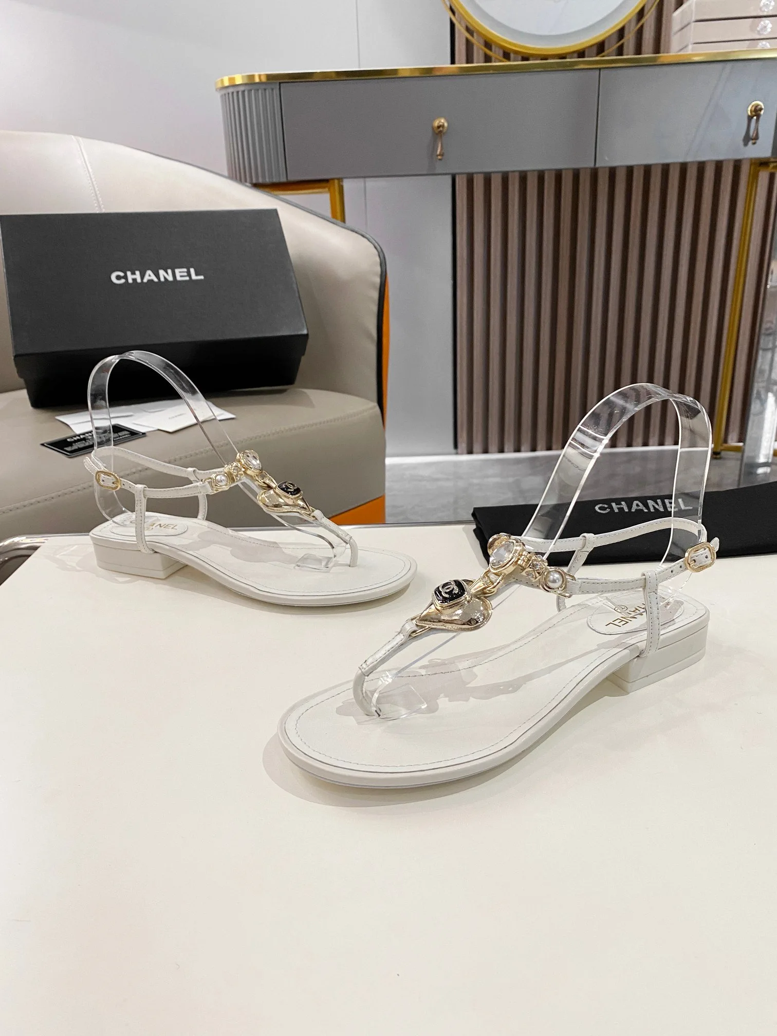 Chanel Crystal Low Heels Flip Flops White - Image 5