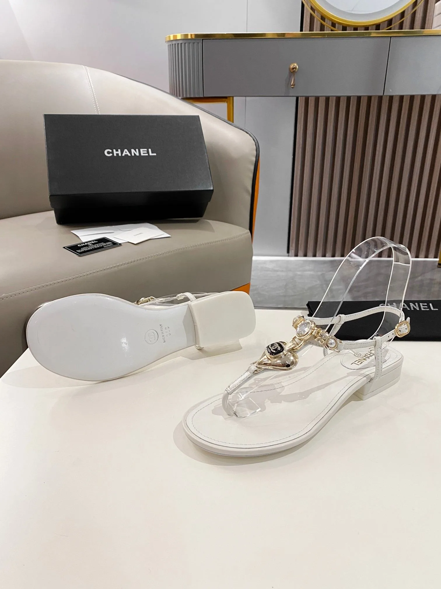 Chanel Crystal Low Heels Flip Flops White - Image 6