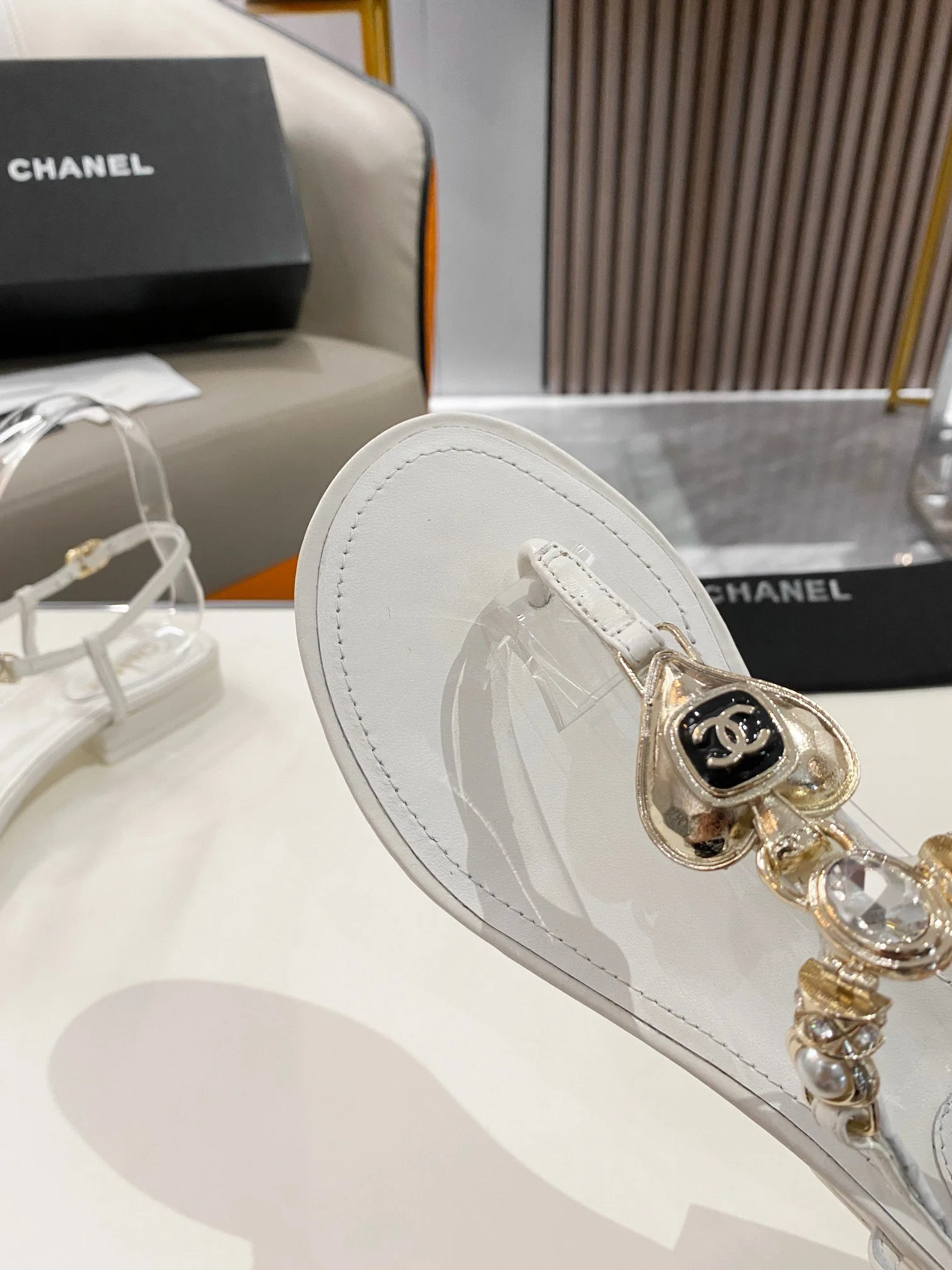 Chanel Crystal Low Heels Flip Flops White - Image 4