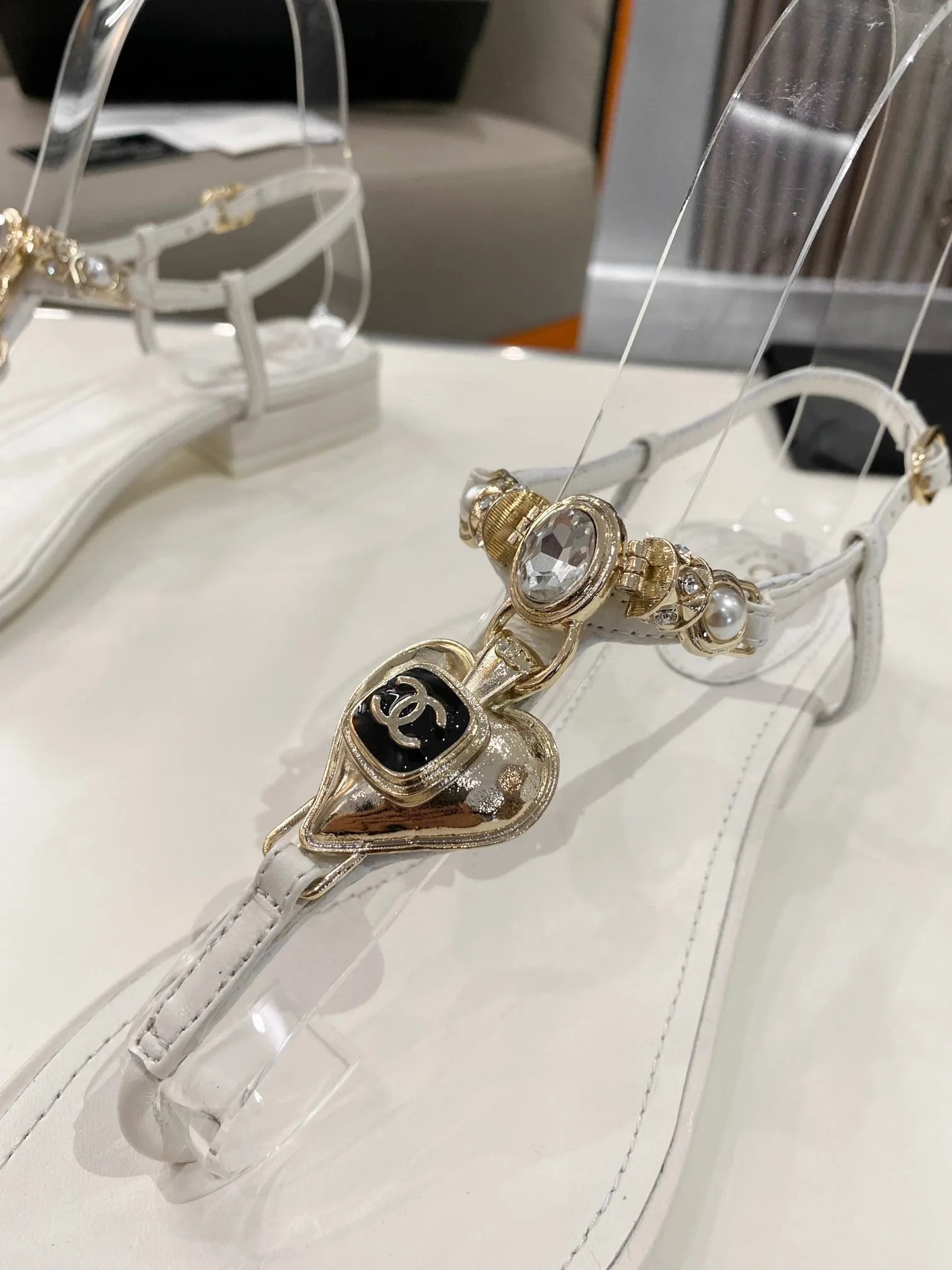 Chanel Crystal Low Heels Flip Flops White - Image 3