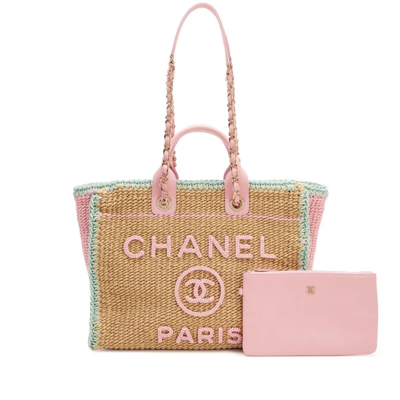 Chanel Deauville Small Tote Bag / Light Pink/ Beige Raffia Gold Hardware - Image 3