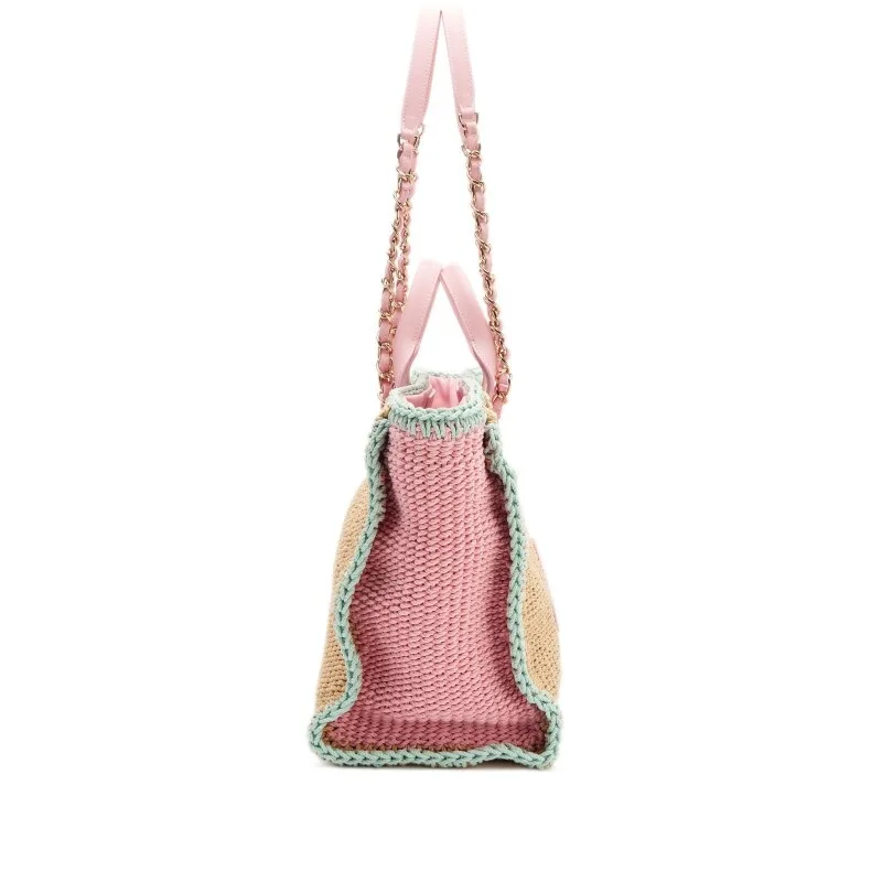 Chanel Deauville Small Tote Bag / Light Pink/ Beige Raffia Gold Hardware - Image 5