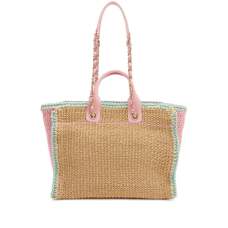 Chanel Deauville Small Tote Bag / Light Pink/ Beige Raffia Gold Hardware - Image 4