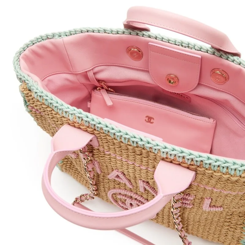 Chanel Deauville Small Tote Bag / Light Pink/ Beige Raffia Gold Hardware - Image 7