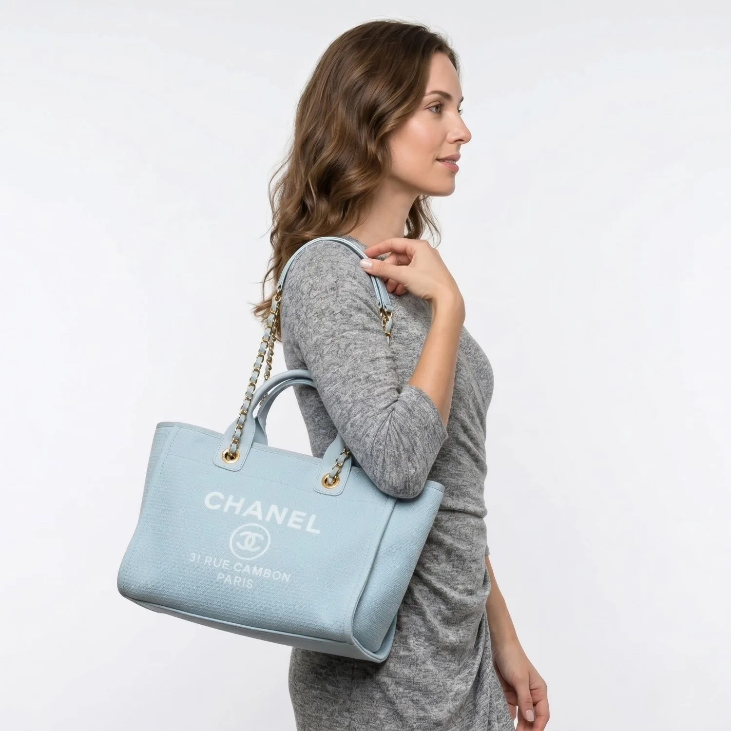 Alternative view of Chanel Deauville Small Tote Bag / Light Blue Gold Hardware