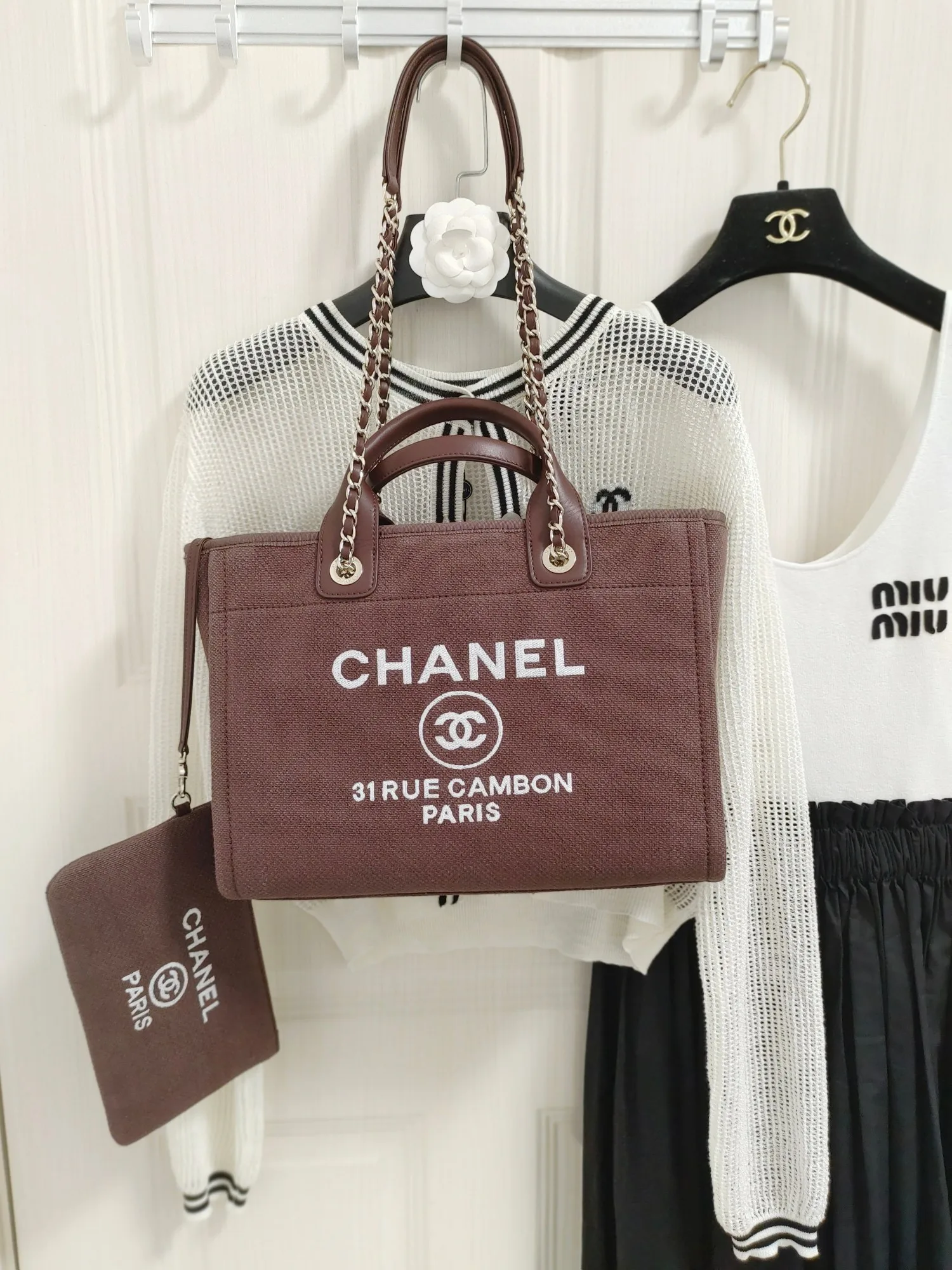 Chanel Deauville Tote Bag / Burgundy Silver Hardware - Image 9