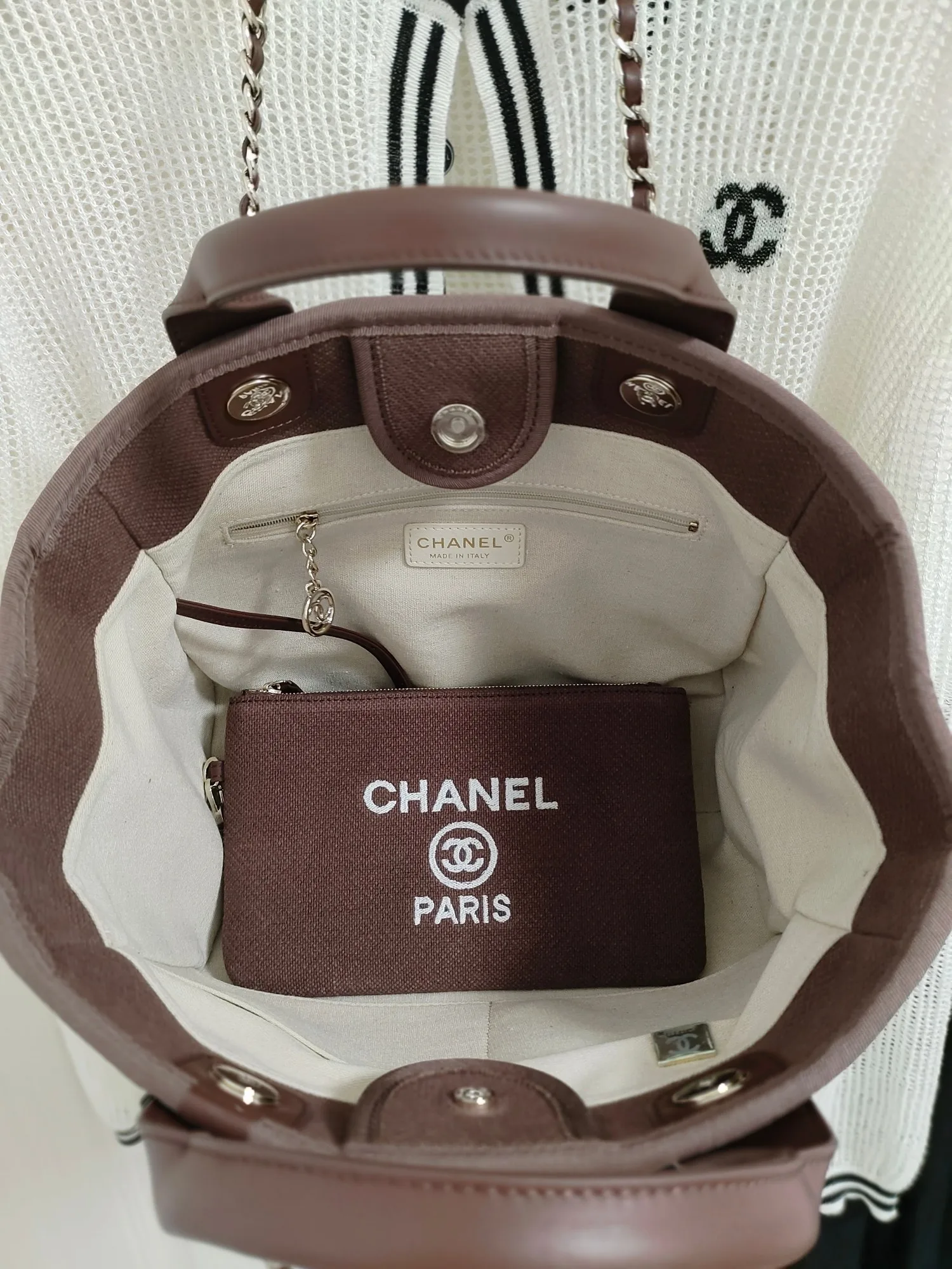Chanel Deauville Tote Bag / Burgundy Silver Hardware - Image 7