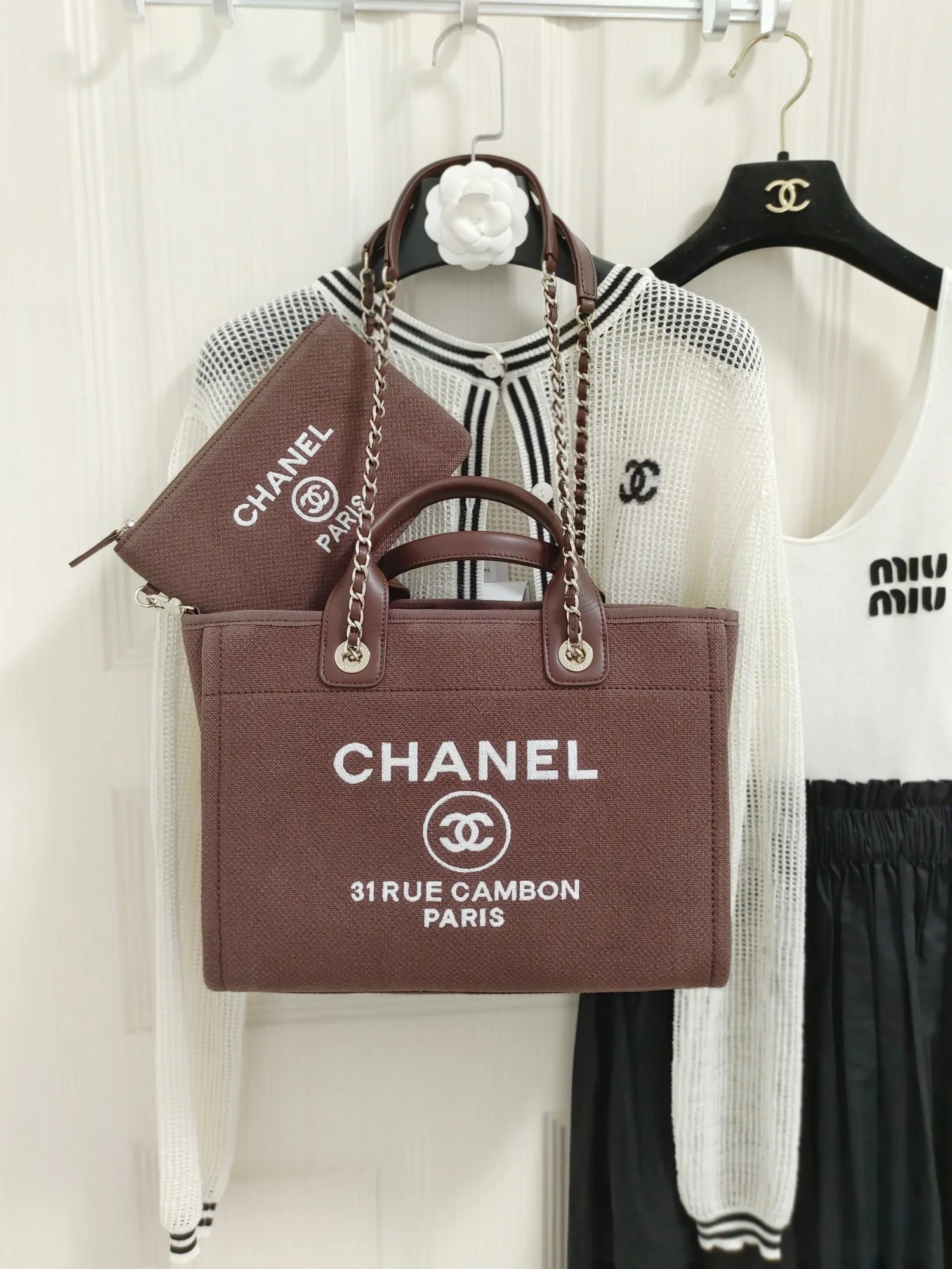 Chanel Deauville Tote Bag / Burgundy Silver Hardware - Image 3