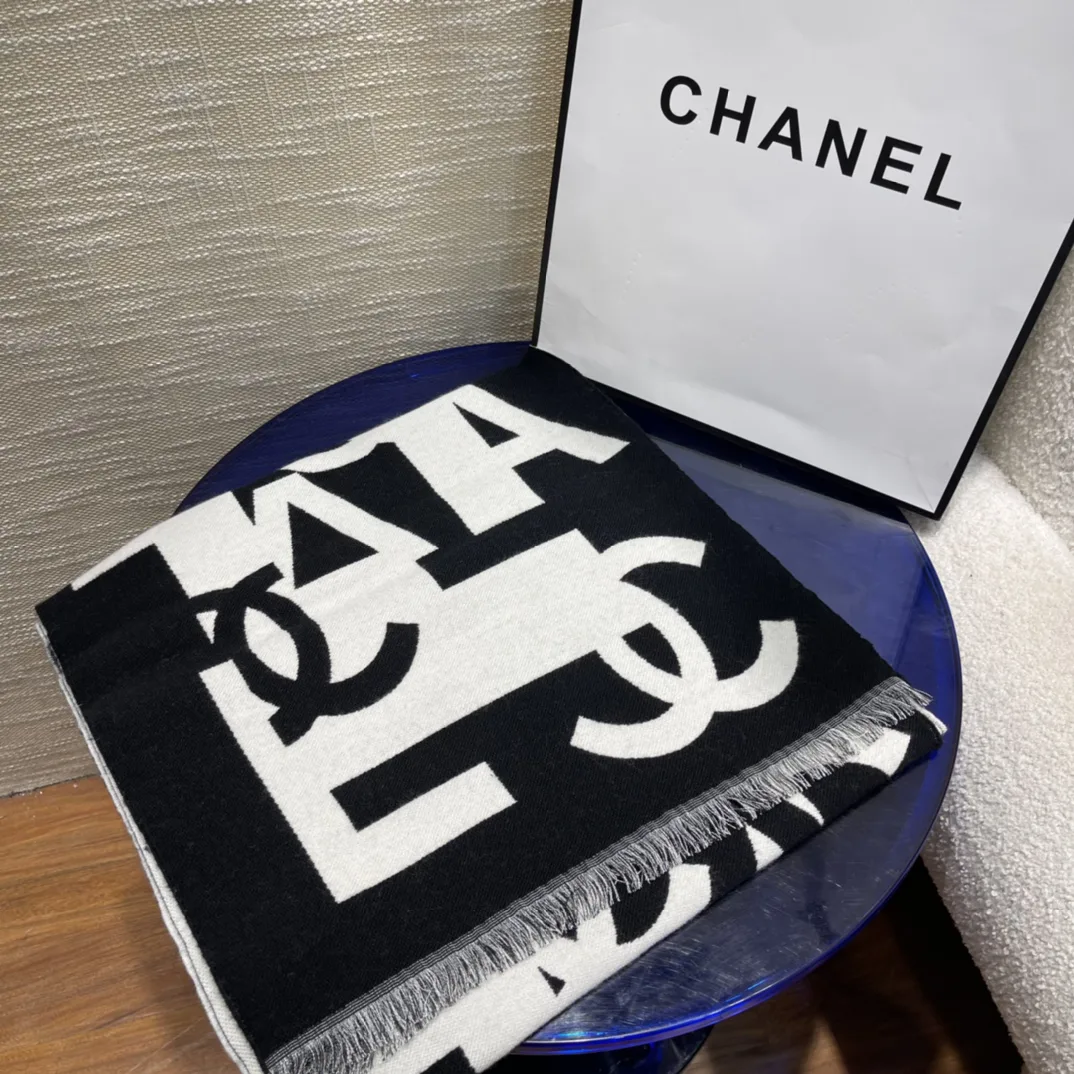 Chanel Double Dided Large Letter Scarf Black - Image 4