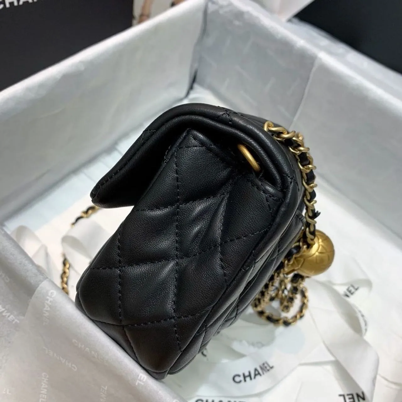 Chanel Flap Bag With CC Ball On Strap Small Crossbody / Black Gold Hardware - Image 6