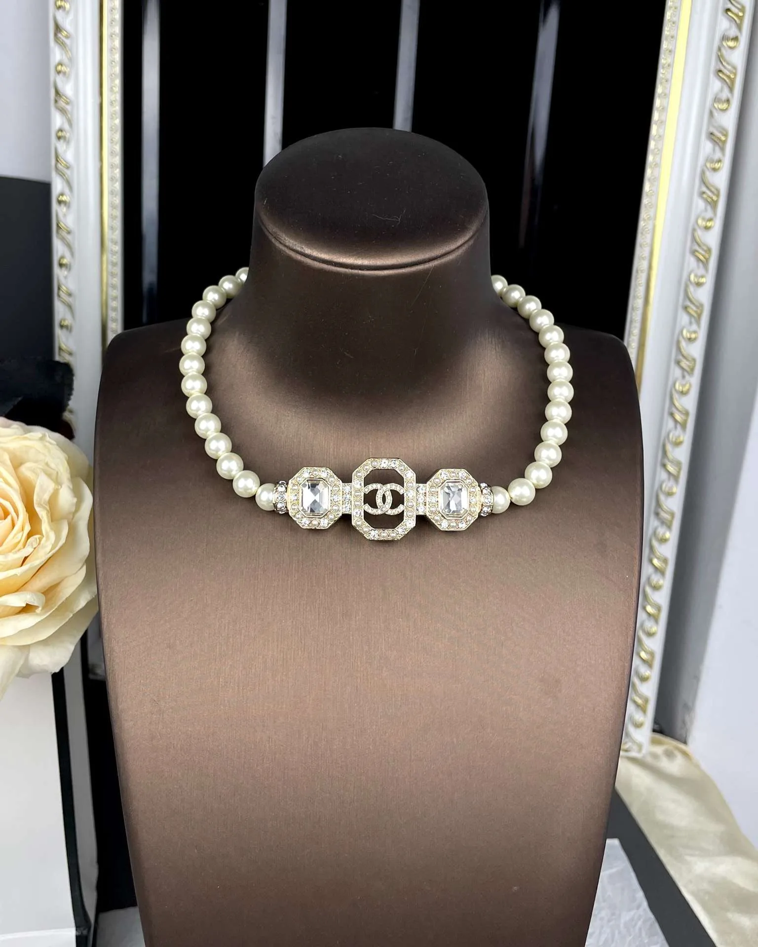 Chanel Geometric Square Pearl Necklace White - Image 3