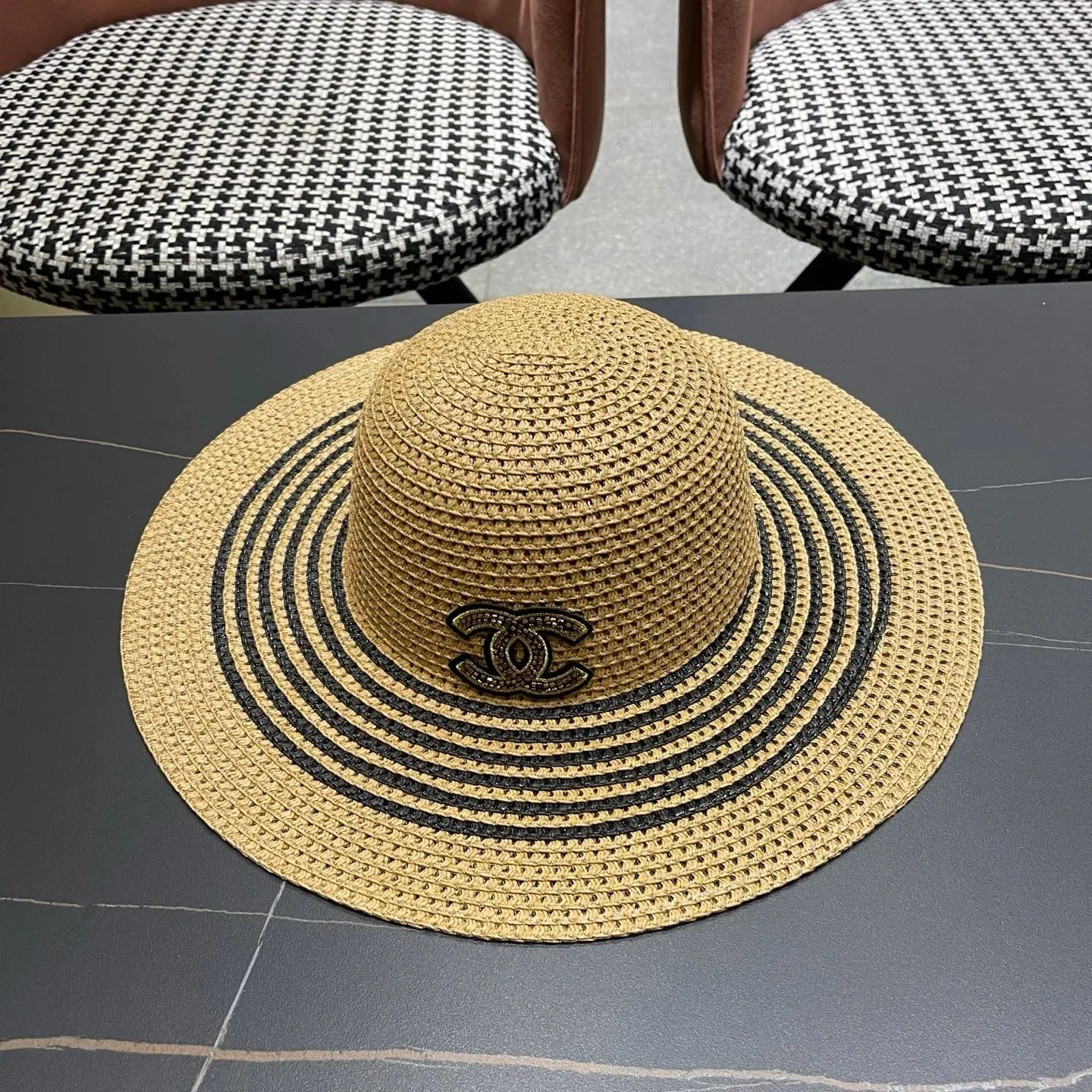 Alternative view of Chanel Monochrome Striped Sun Hat Dark Beige Straw