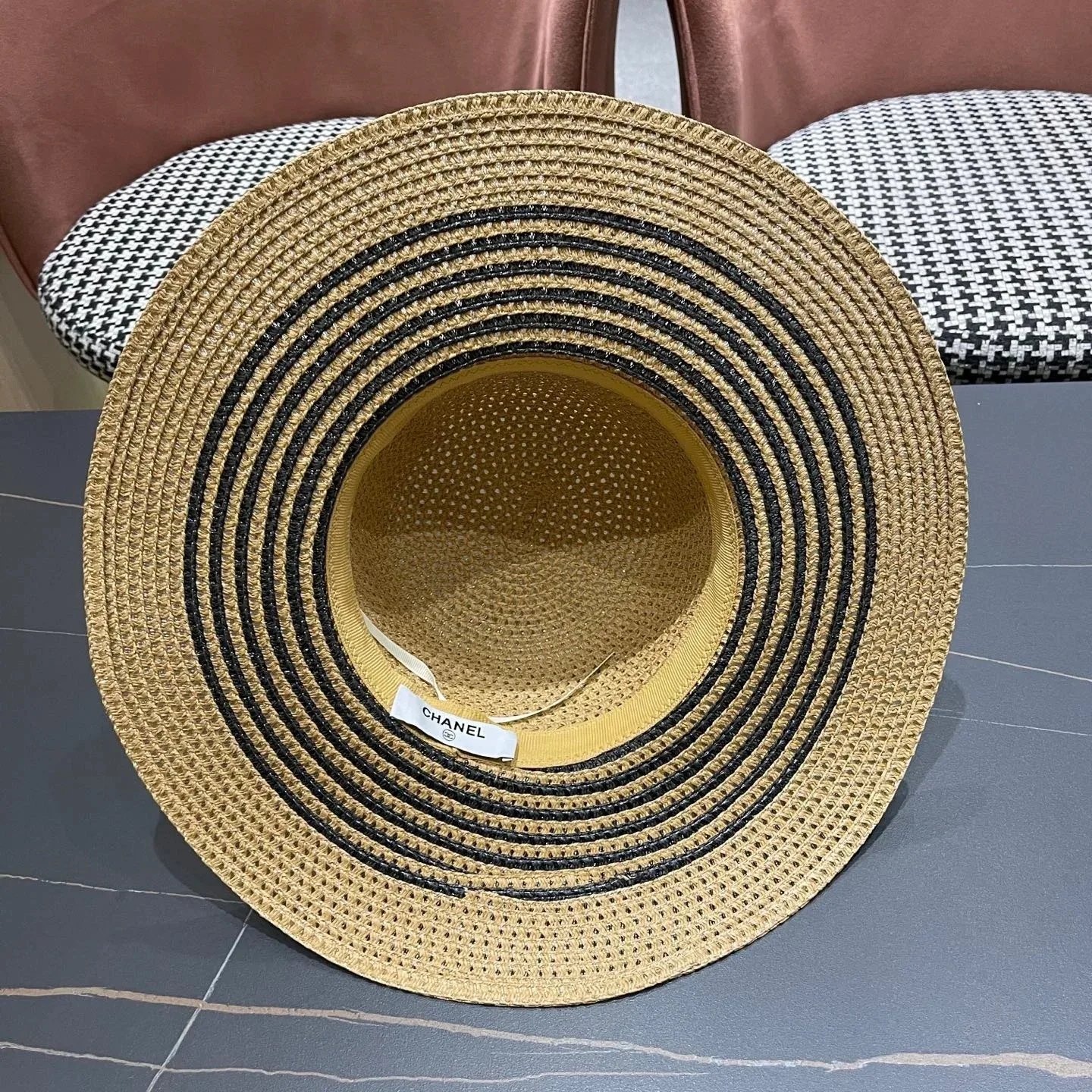 Chanel Monochrome Striped Sun Hat Dark Beige Straw - Image 10