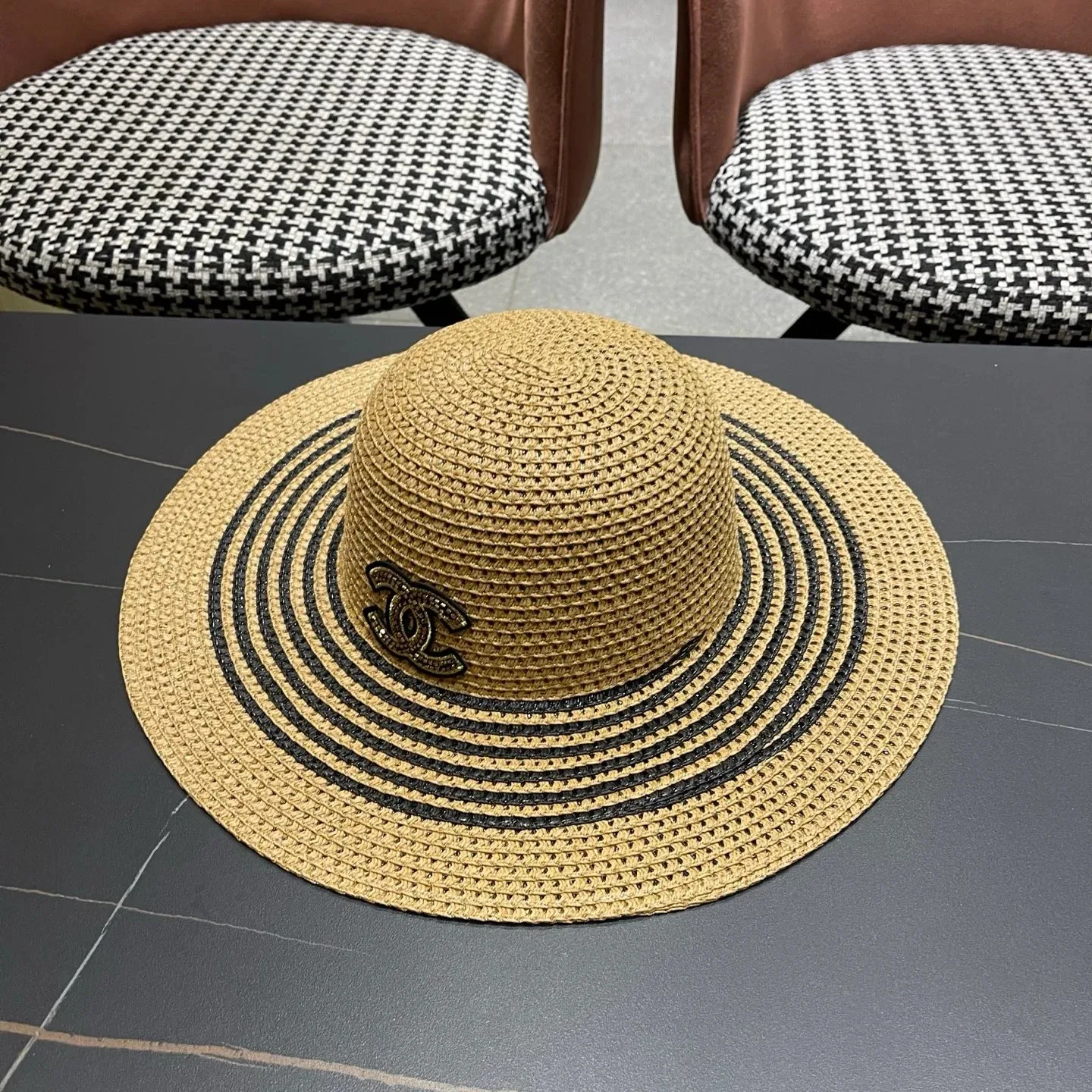Chanel Monochrome Striped Sun Hat Dark Beige Straw - Image 3