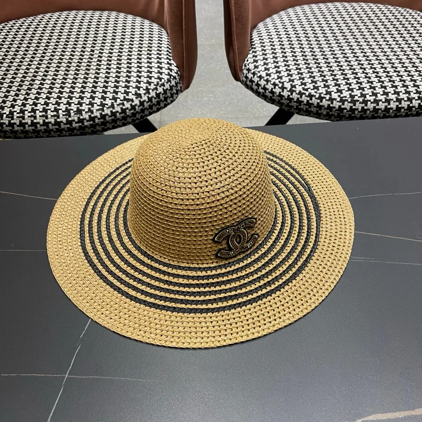 Chanel Monochrome Striped Sun Hat Dark Beige Straw - Image 4