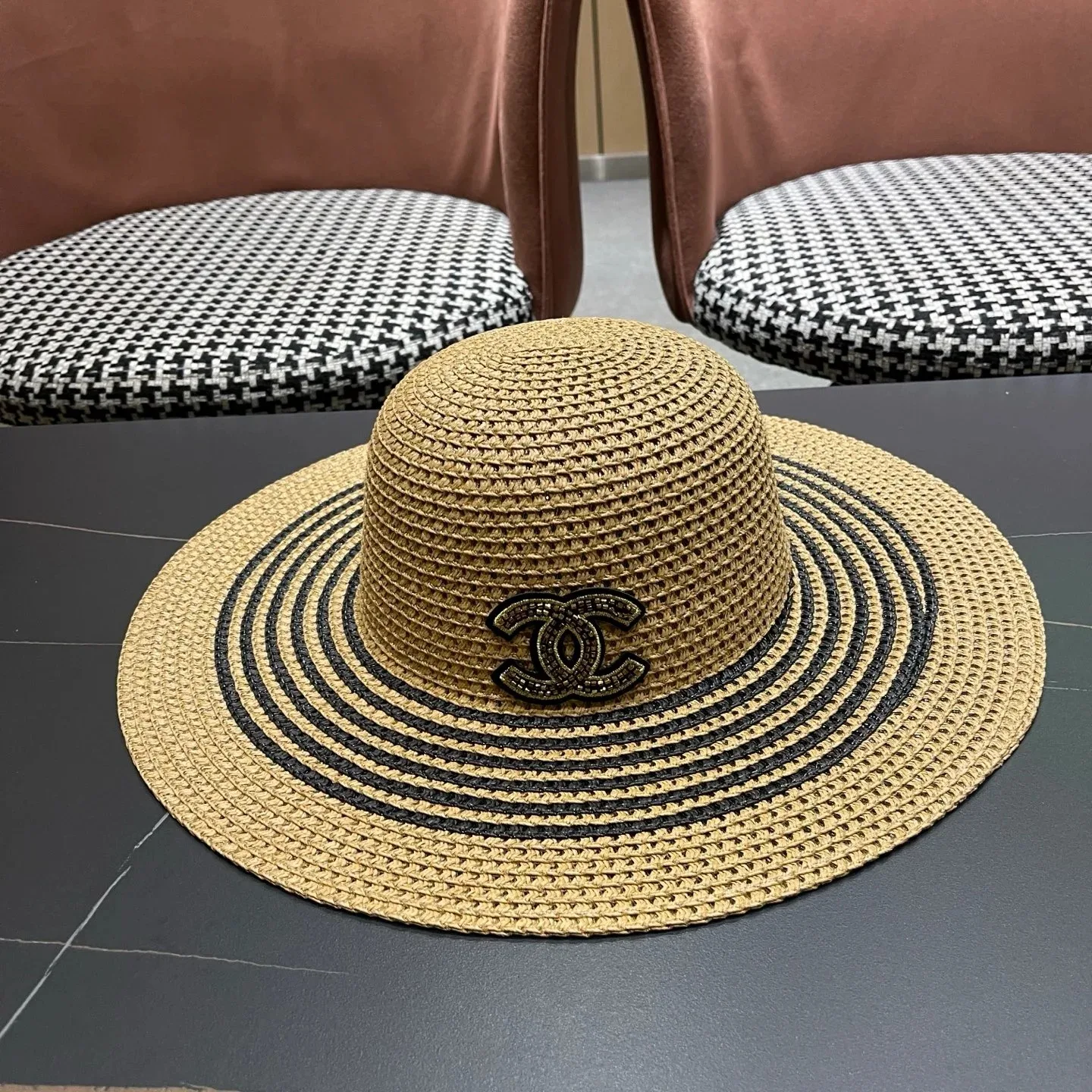 Chanel Monochrome Striped Sun Hat Dark Beige Straw - Image 5