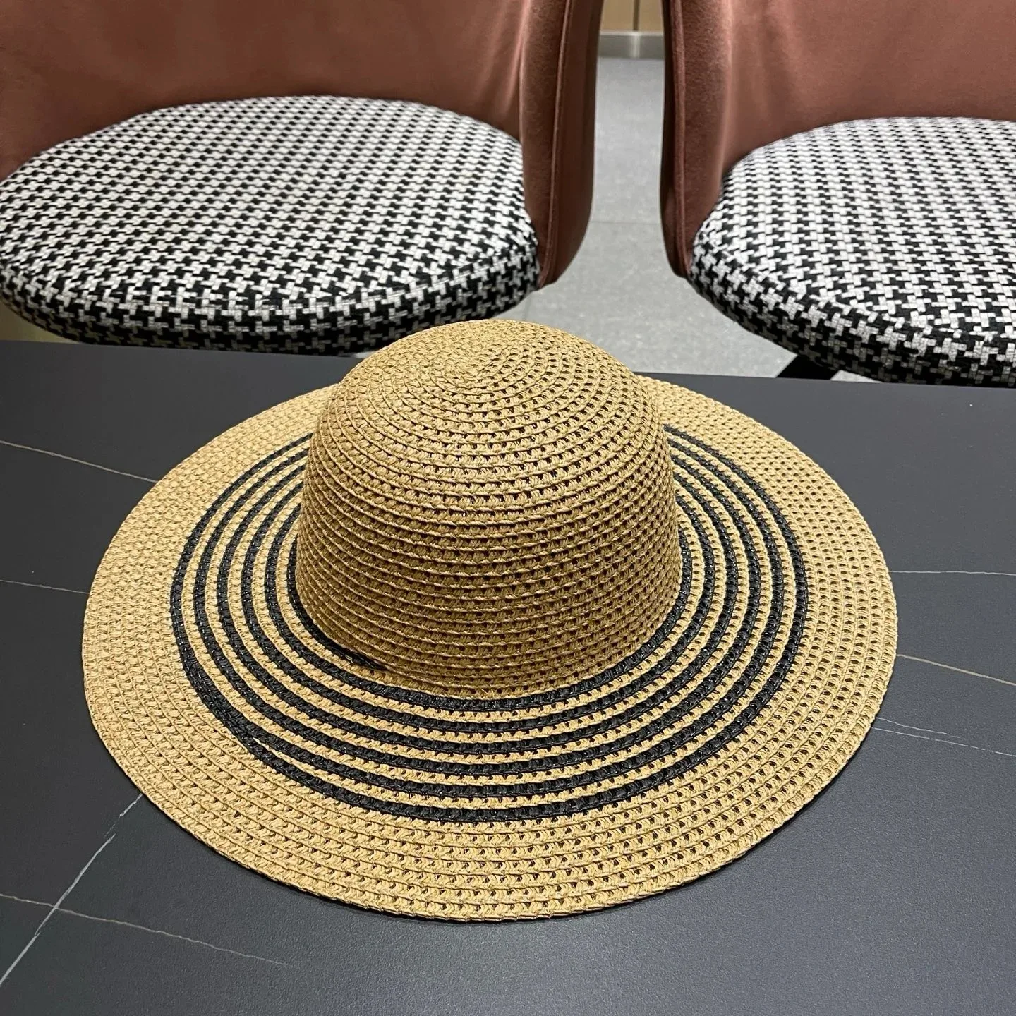 Chanel Monochrome Striped Sun Hat Dark Beige Straw - Image 6