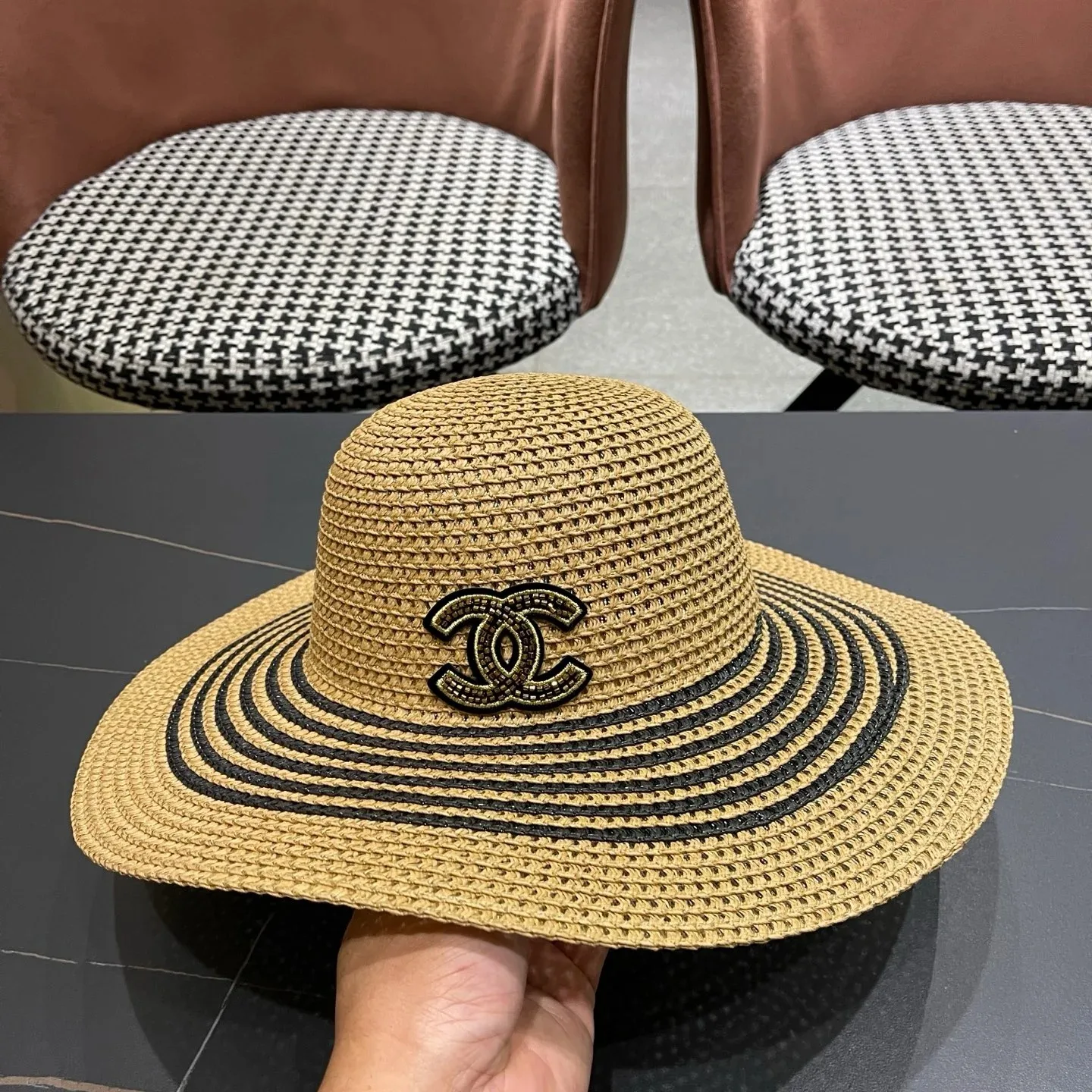 Chanel Monochrome Striped Sun Hat Dark Beige Straw - Image 7