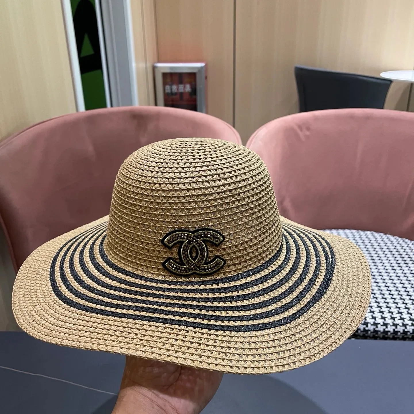 Chanel Monochrome Striped Sun Hat Dark Beige Straw - Image 8