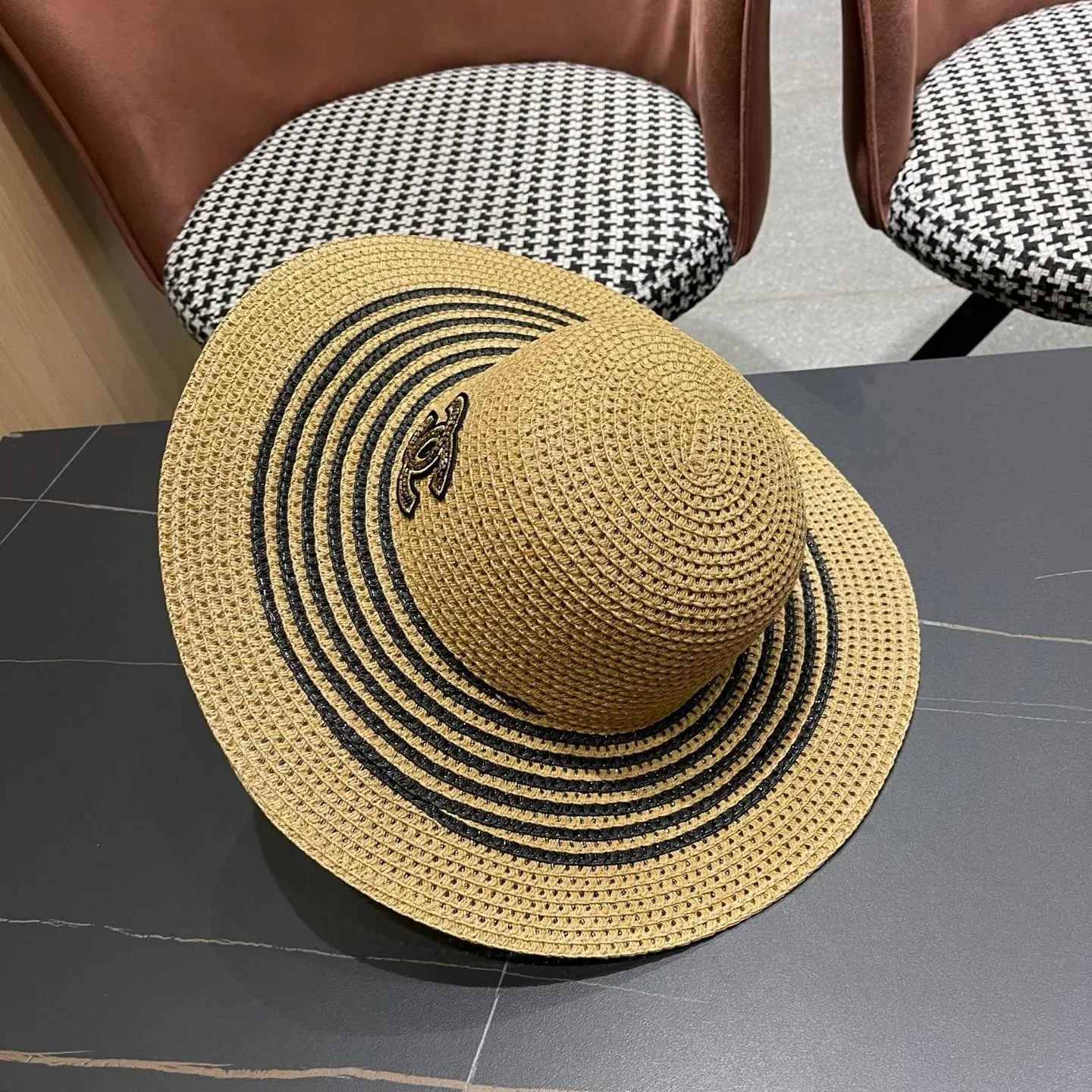 Chanel Monochrome Striped Sun Hat Dark Beige Straw - Image 9