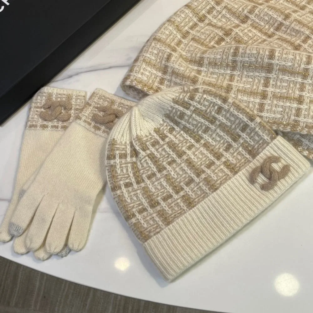 Alternative view of Chanel Monochrome Winter Knit Set Hat, Scarf And Gloves Beige