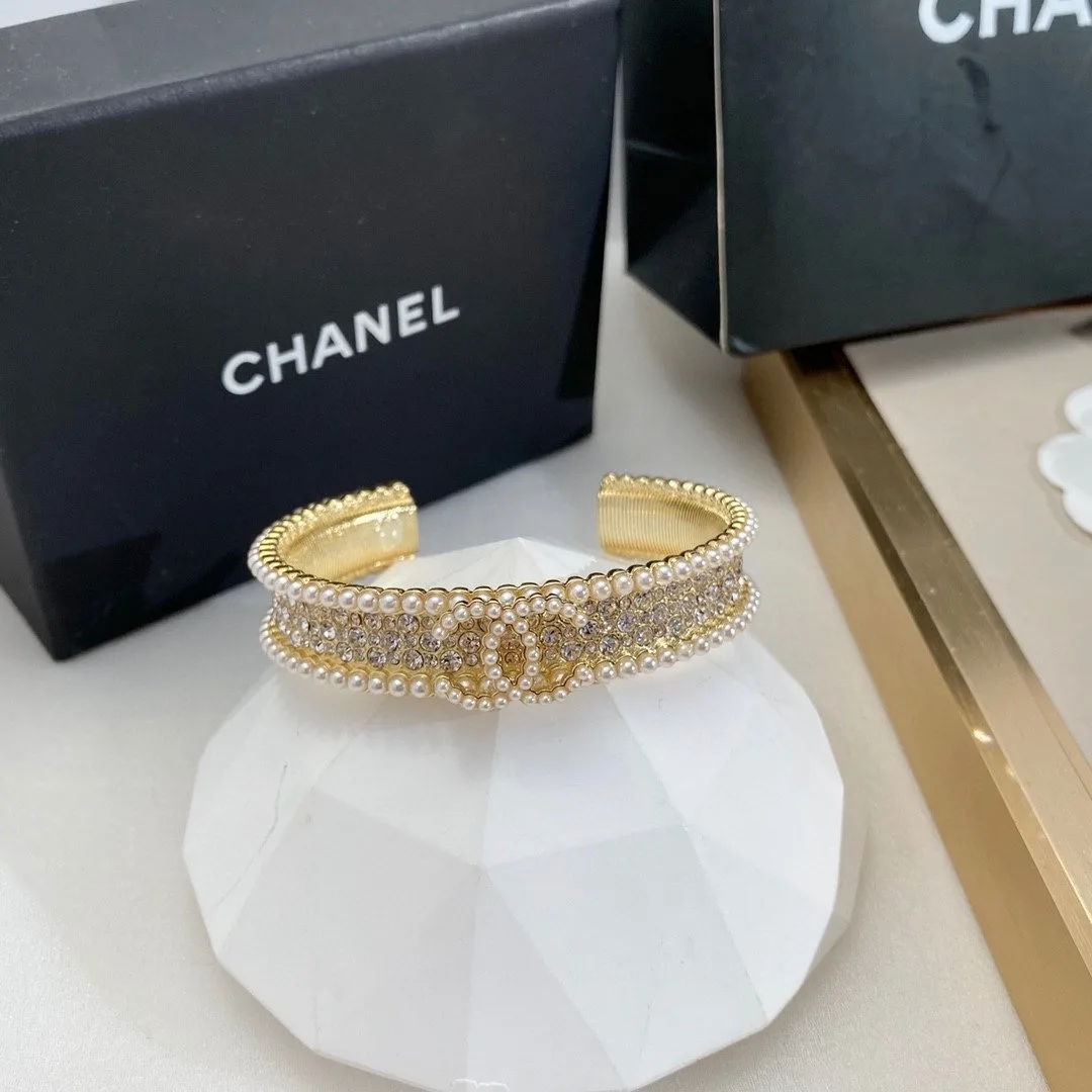 Alternative view of Chanel Pearl And Crystal Interlocking CC Cuff Bracelet Gold Hardware