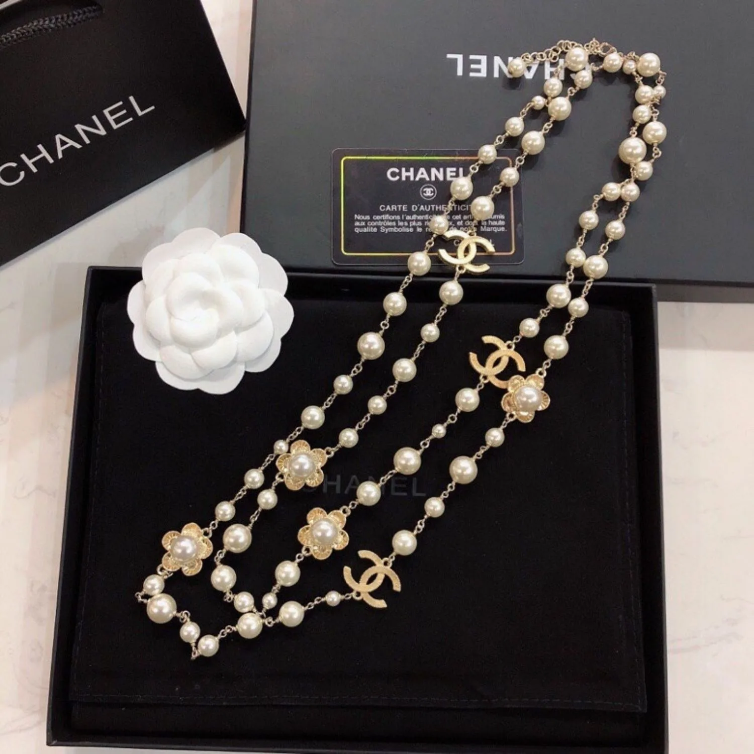 Alternative view of Chanel Pearl CC Flower Necklace Gold