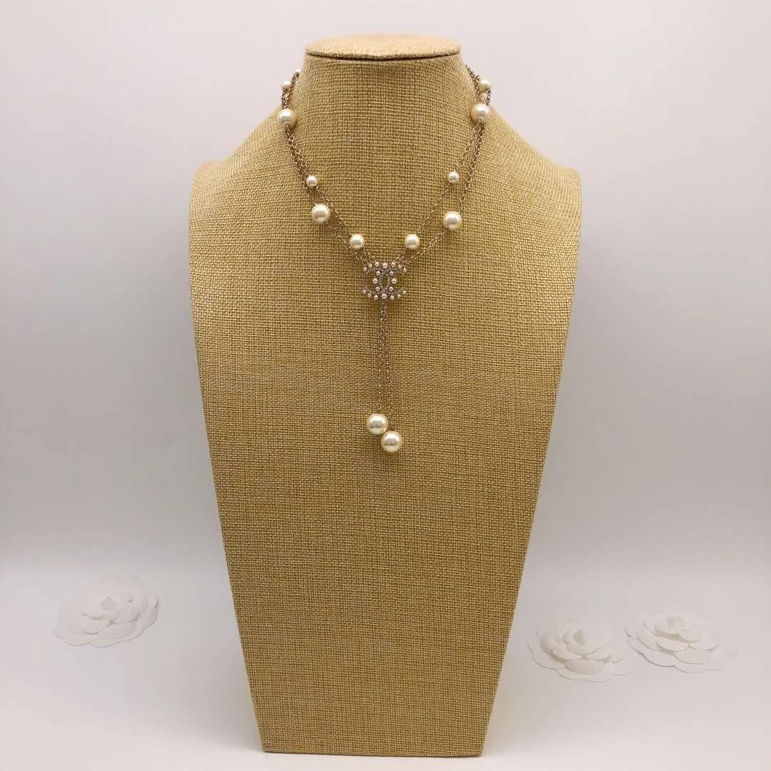 Chanel Pearl Double C Rice Beads Large And Small Necklace Gold - Image 3