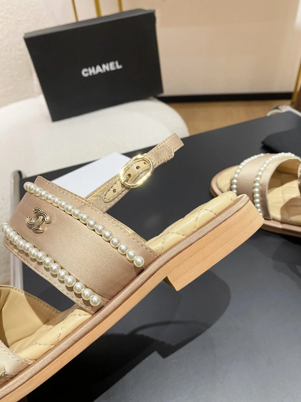 Chanel Pearl Flat Sandals Brown - Image 5