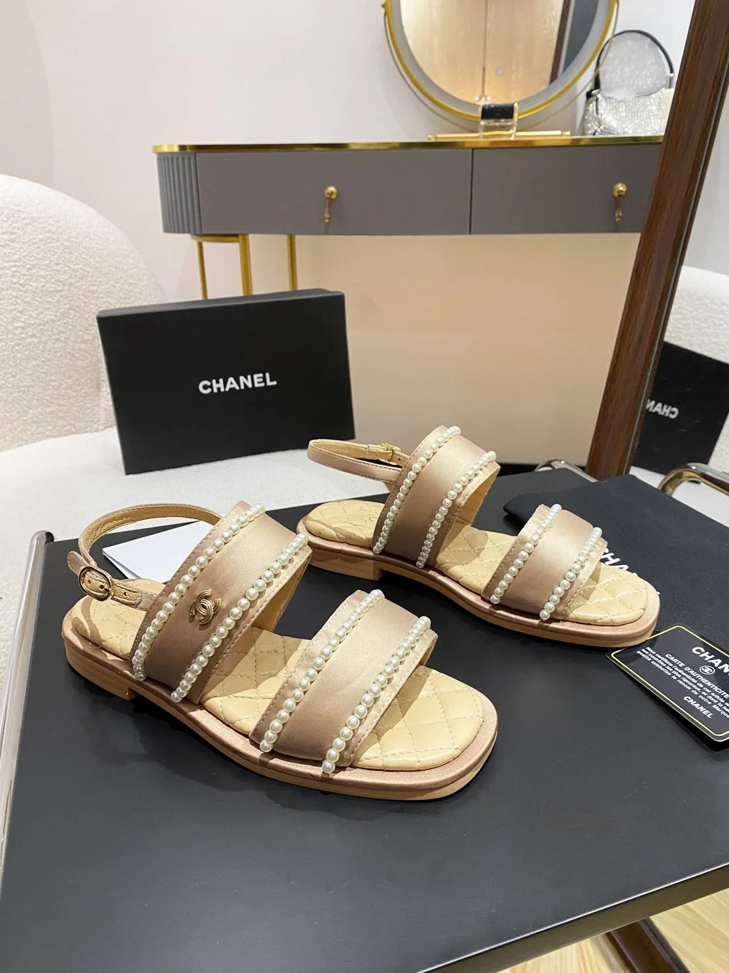 Chanel Pearl Flat Sandals Brown - Image 4