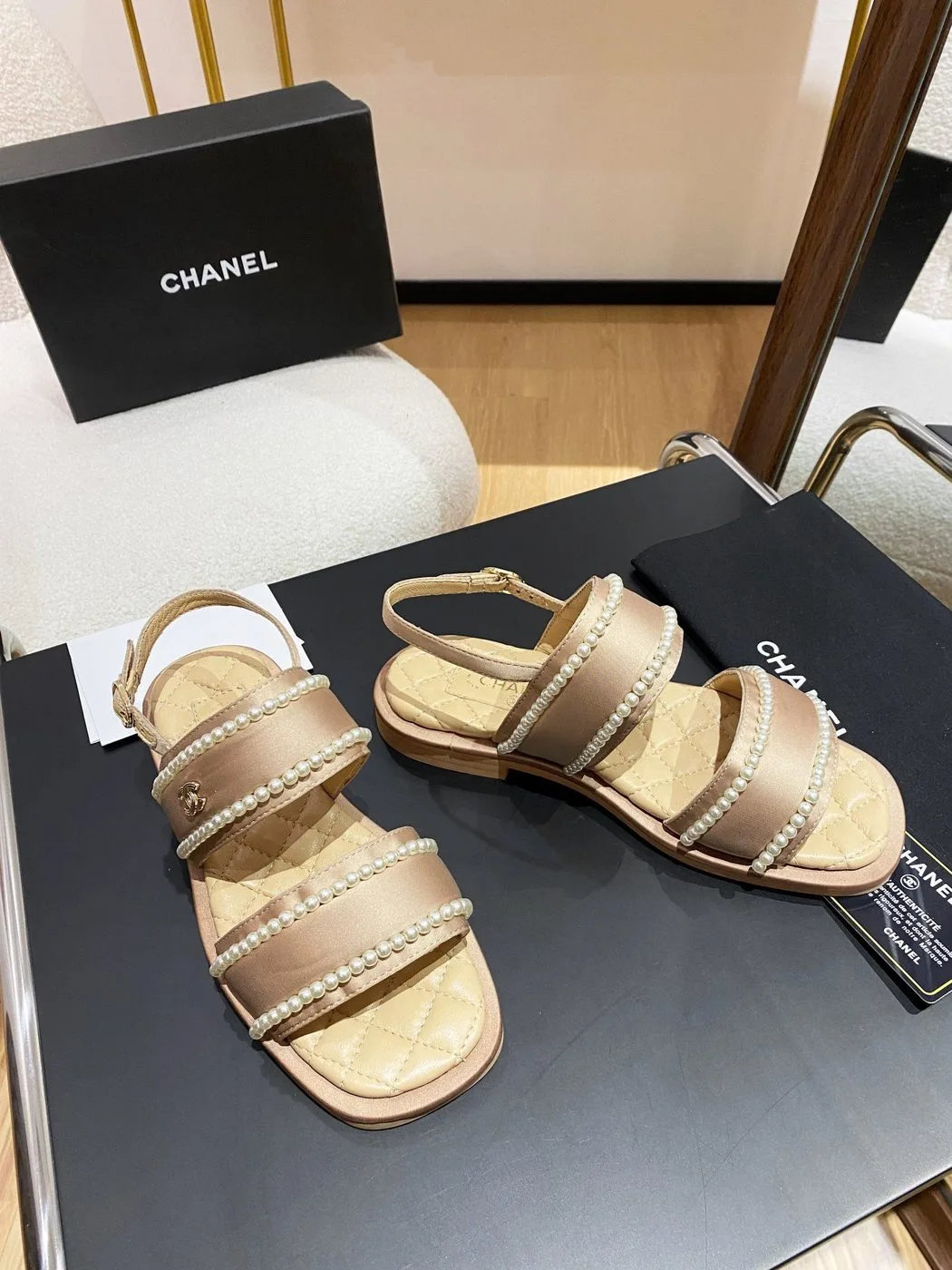 Chanel Pearl Flat Sandals Brown - Image 3