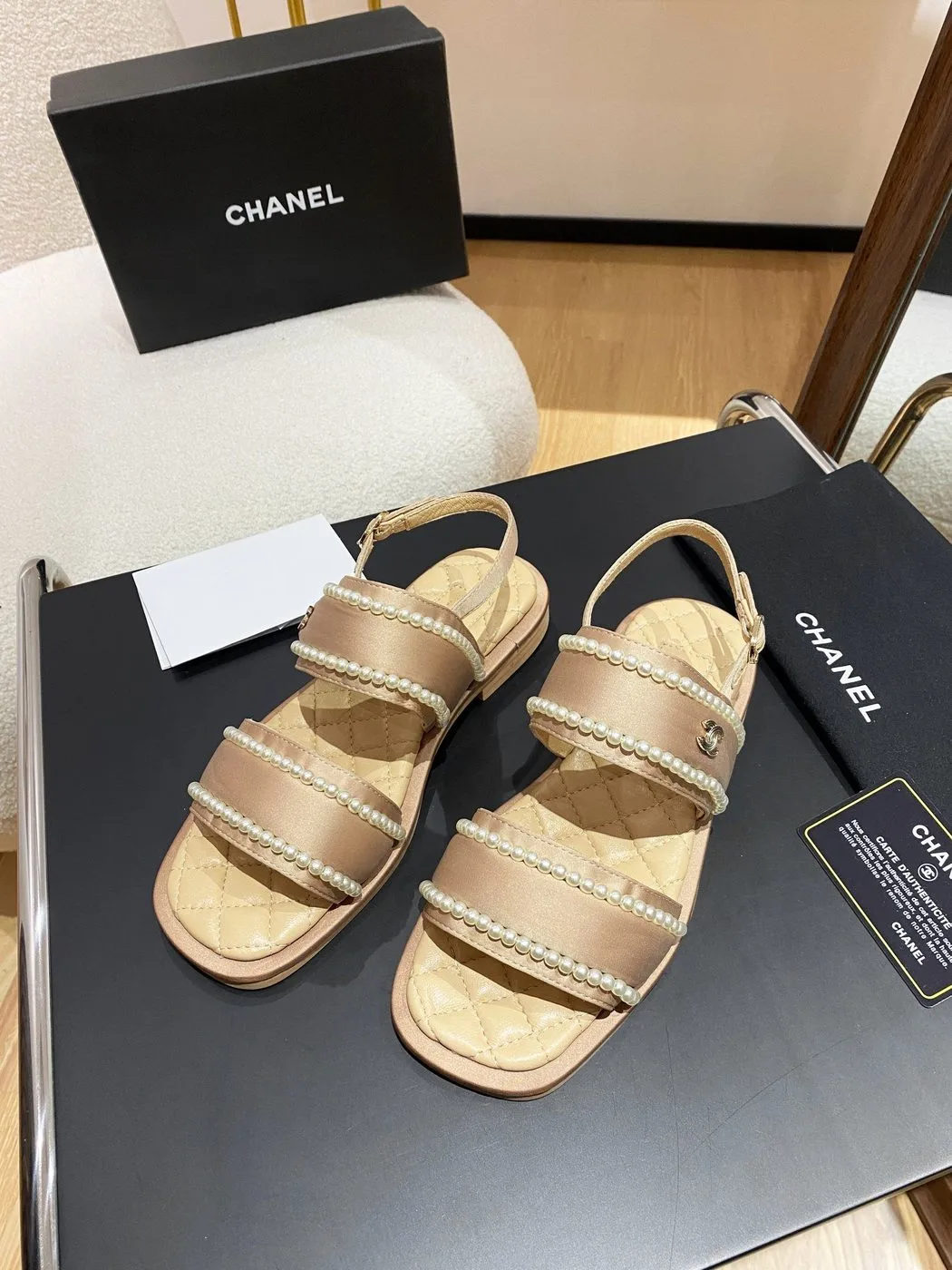 Alternative view of Chanel Pearl Flat Sandals Brown
