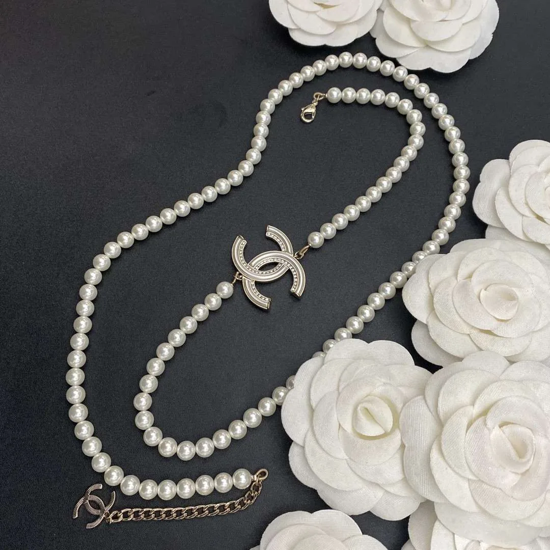 Chanel Pearl Letter Chain Necklace White - Image 4