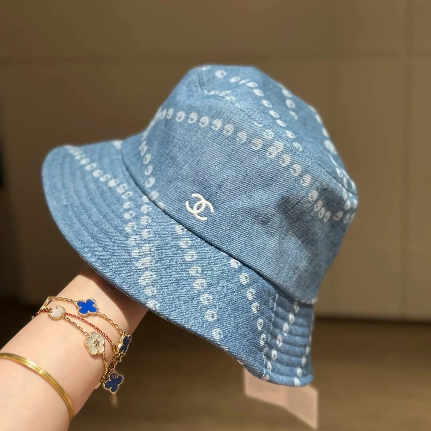 Chanel Pearl Print Bucket Hat Blue Denim - Image 3