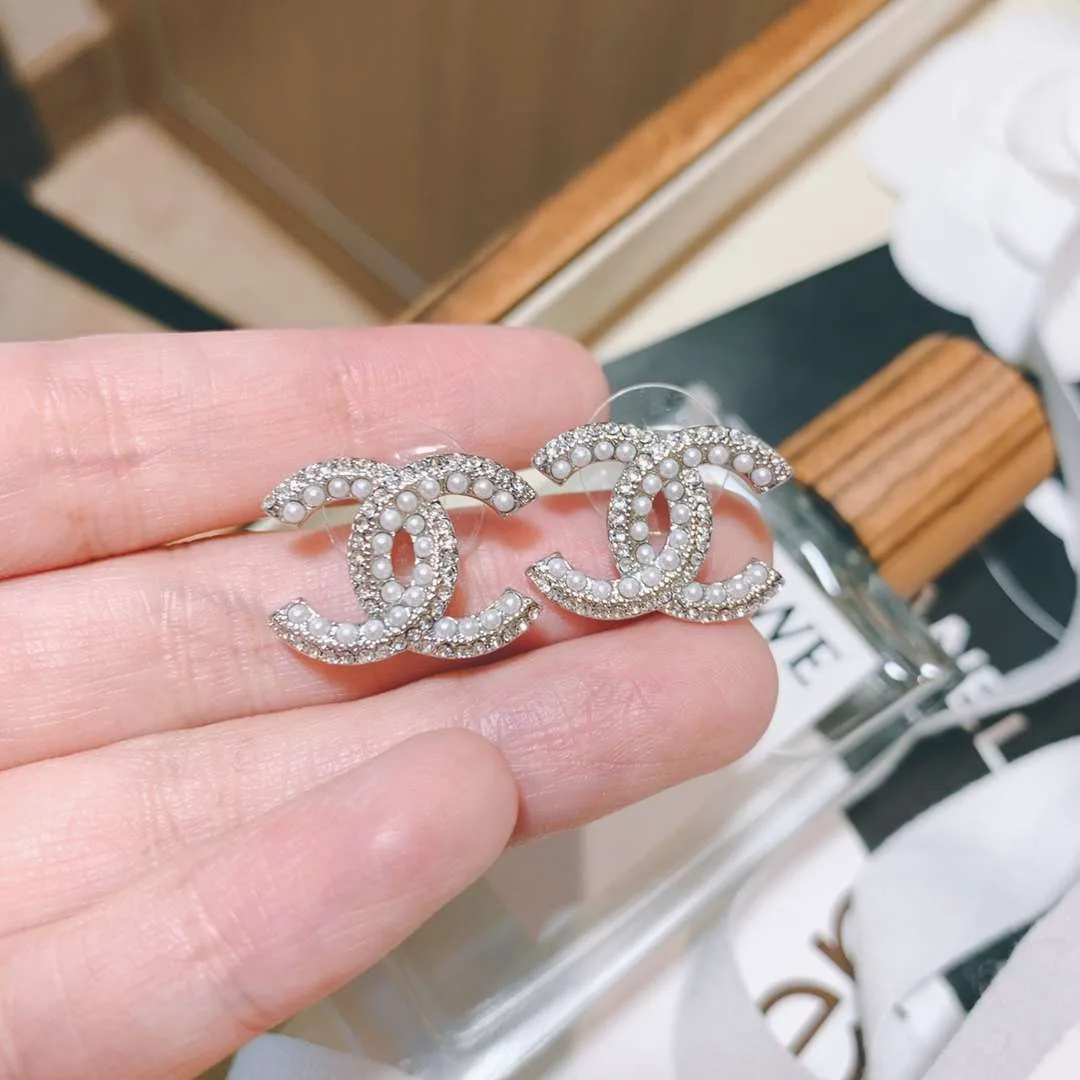 Chanel Rhinestone Double C Earrings Silver - Image 8