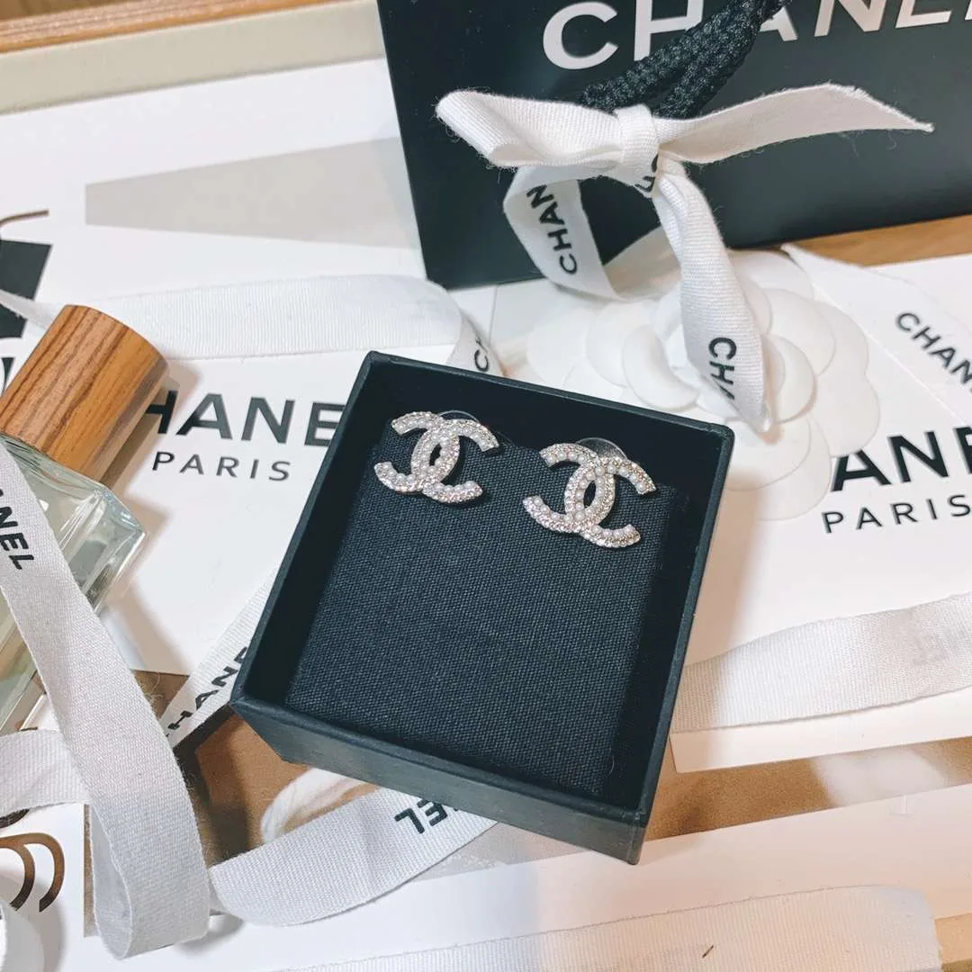Chanel Rhinestone Double C Earrings Silver - Image 5