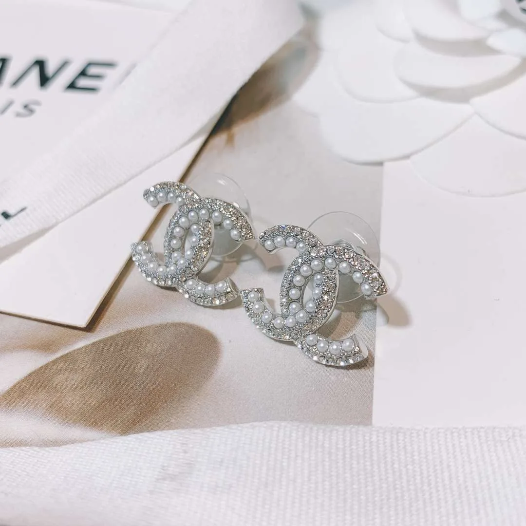 Chanel Rhinestone Double C Earrings Silver - Image 4