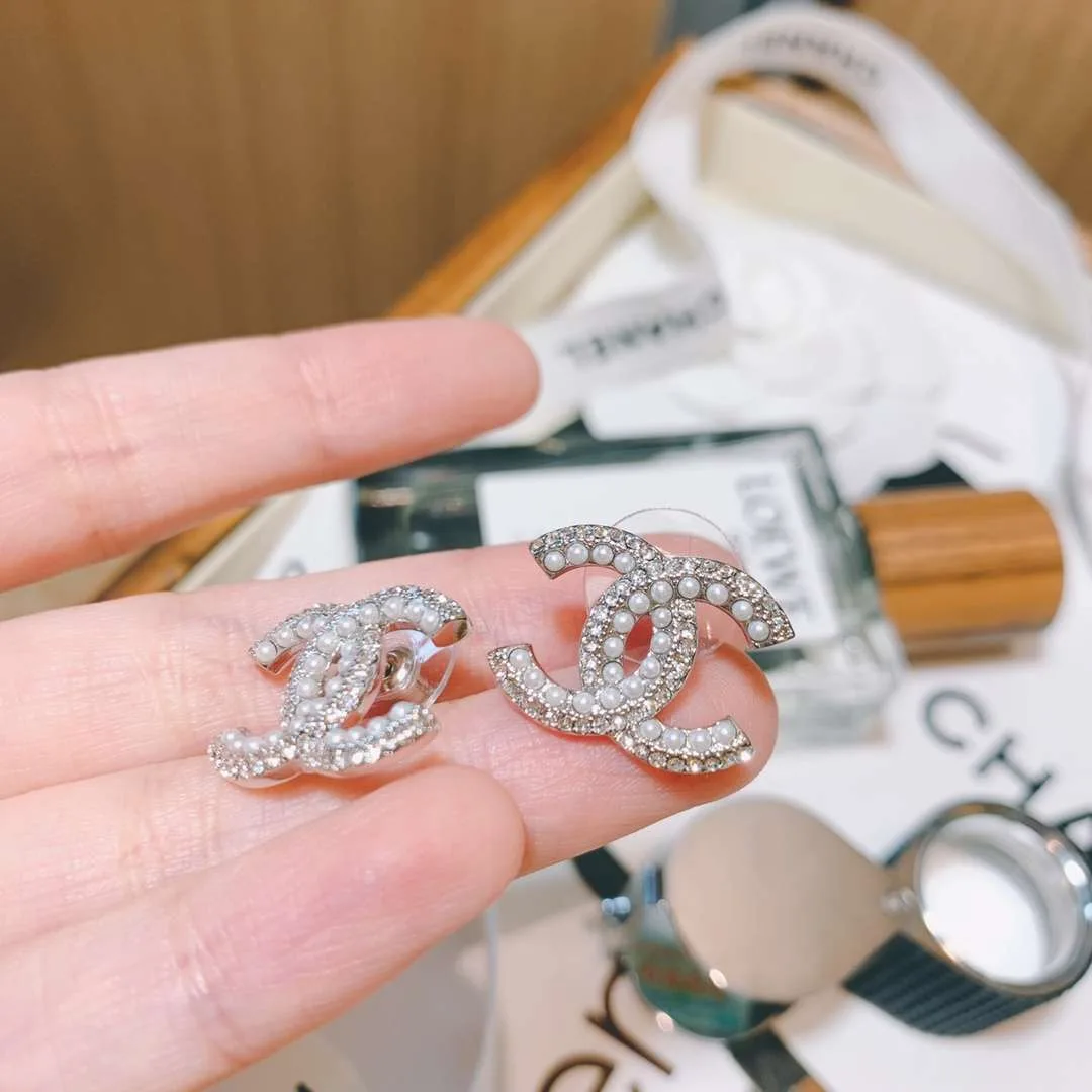 Chanel Rhinestone Double C Earrings Silver - Image 3