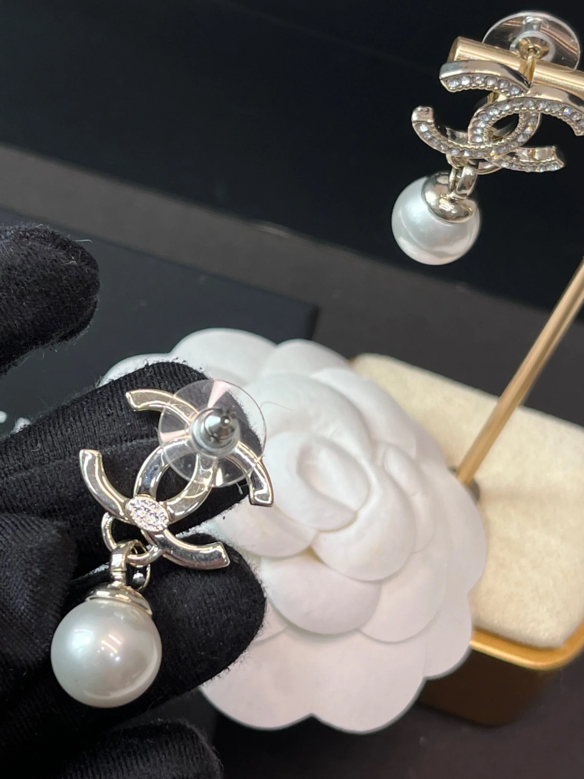 Alternative view of Chanel Shaped Pearl Letter Earrings Light Rose Gold