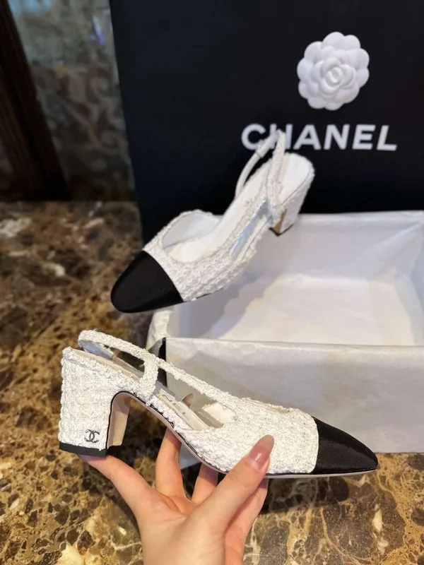 Chanel Sling Back Tweed Pumps White - Image 5