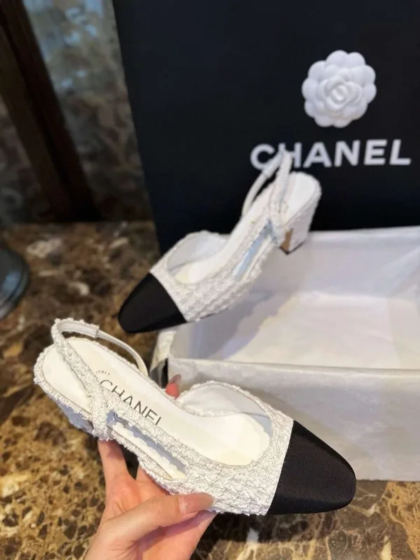 Chanel Sling Back Tweed Pumps White - Image 3