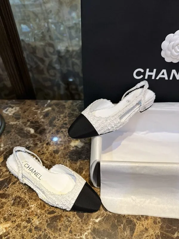 Chanel Sling Back Tweed Sandals White - Image 4