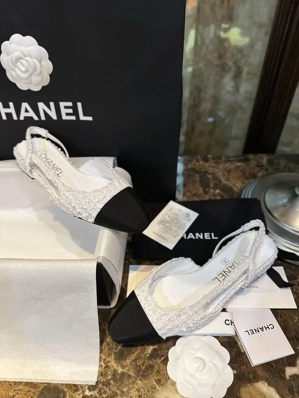 Chanel Sling Back Tweed Sandals White - Image 5