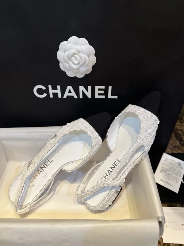 Chanel Sling Back Tweed Sandals White - Image 6