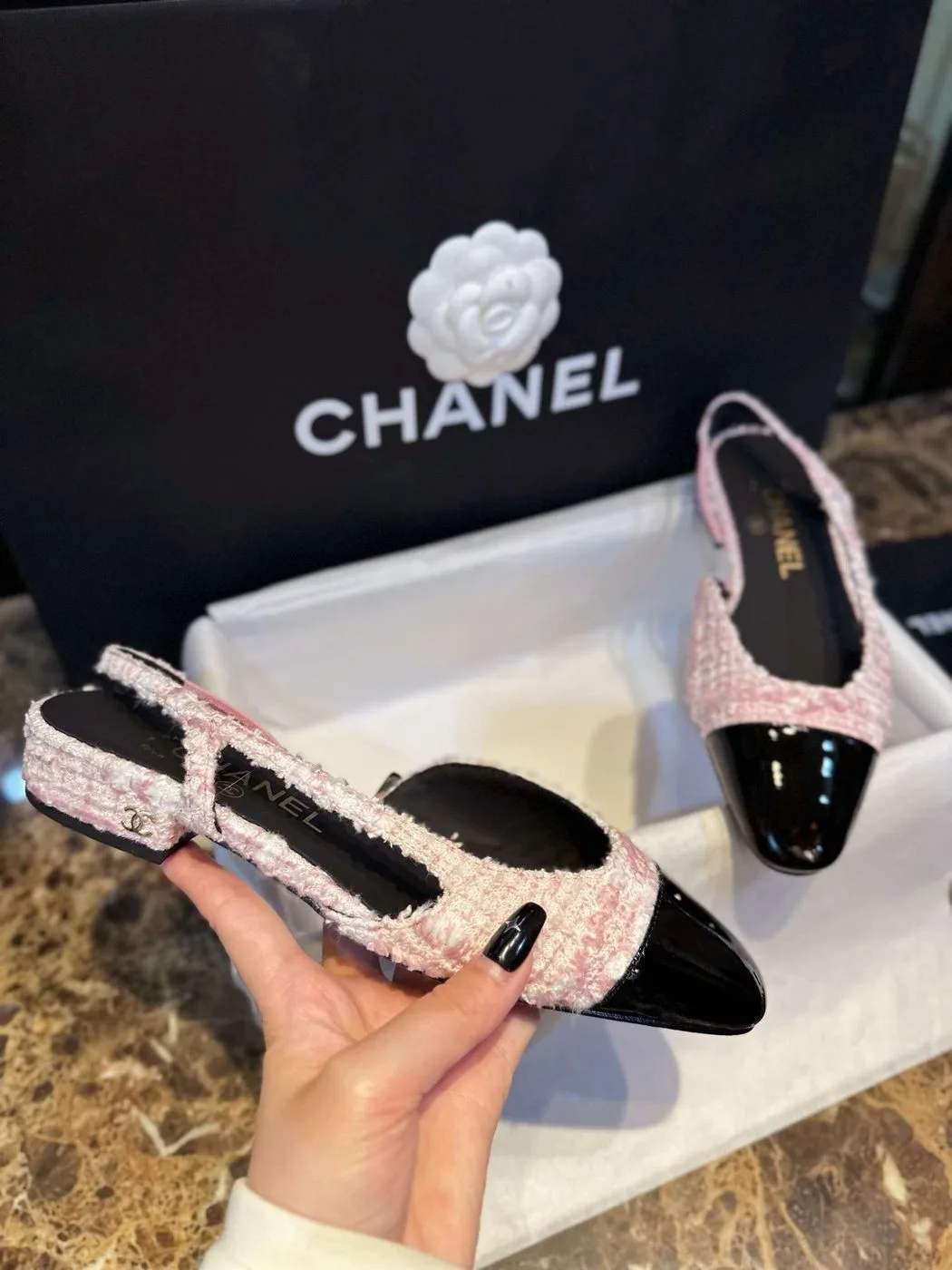 Chanel Sling Back Tweed Sandals Pink - Image 6