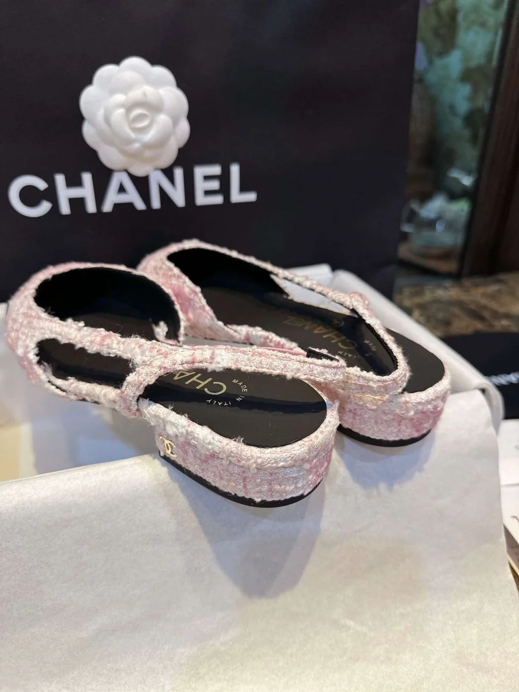 Chanel Sling Back Tweed Sandals Pink - Image 4
