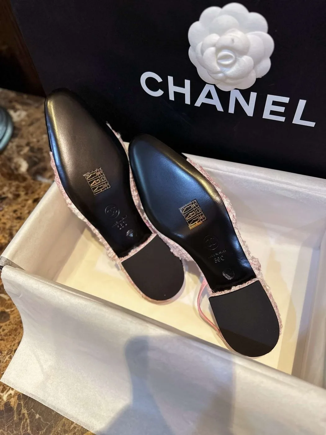 Chanel Sling Back Tweed Sandals Pink - Image 5